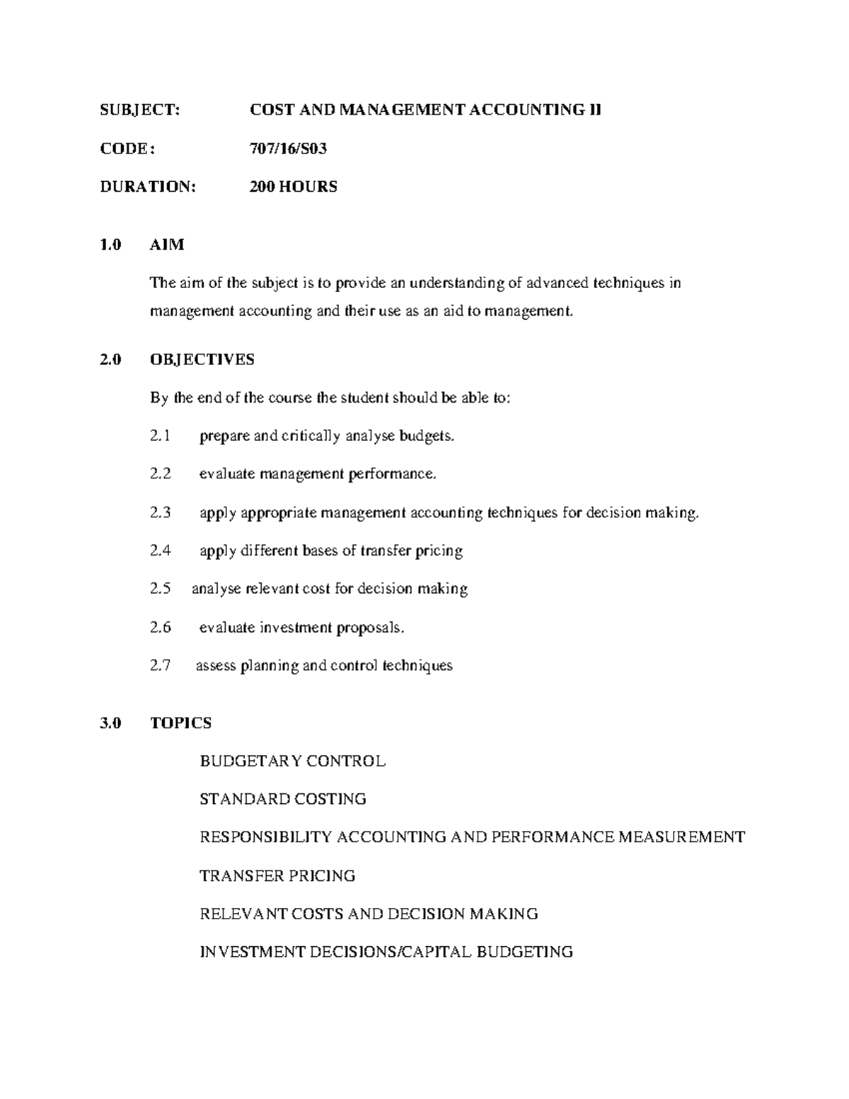 CMA II Syllabus Overview - Cost & Mgmt Accounting (707/16/S) - Studocu