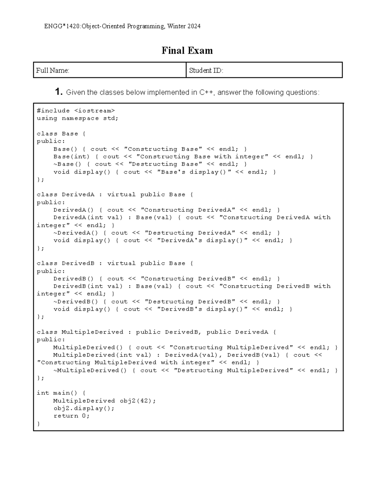 Final Exam Solutions - ENGG1420 - W24 - C++ & Java Code Analysis - Studocu