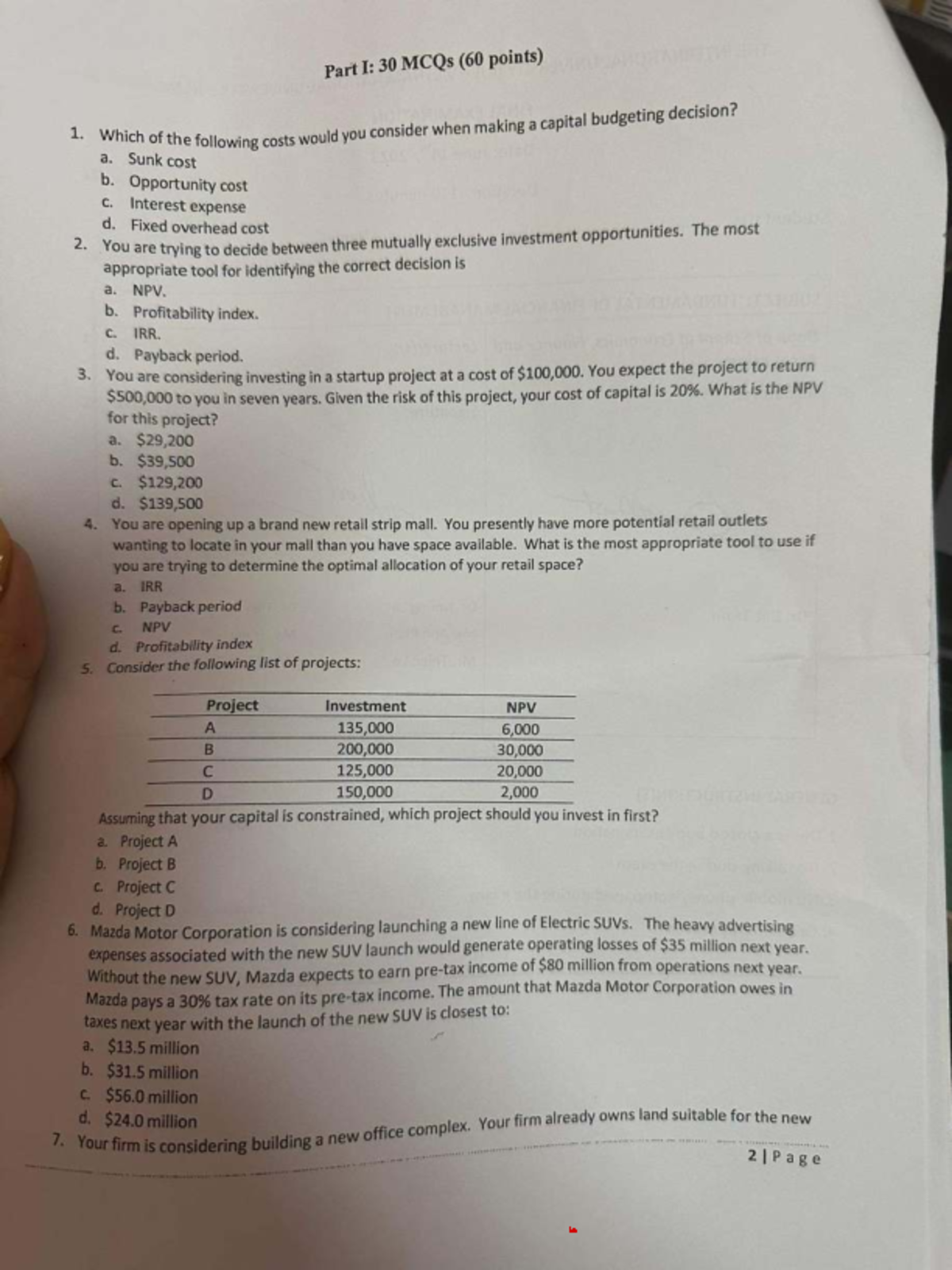 Exam 1: Capital Budgeting MCQs and Financial Analysis (FIN 101) - Studocu