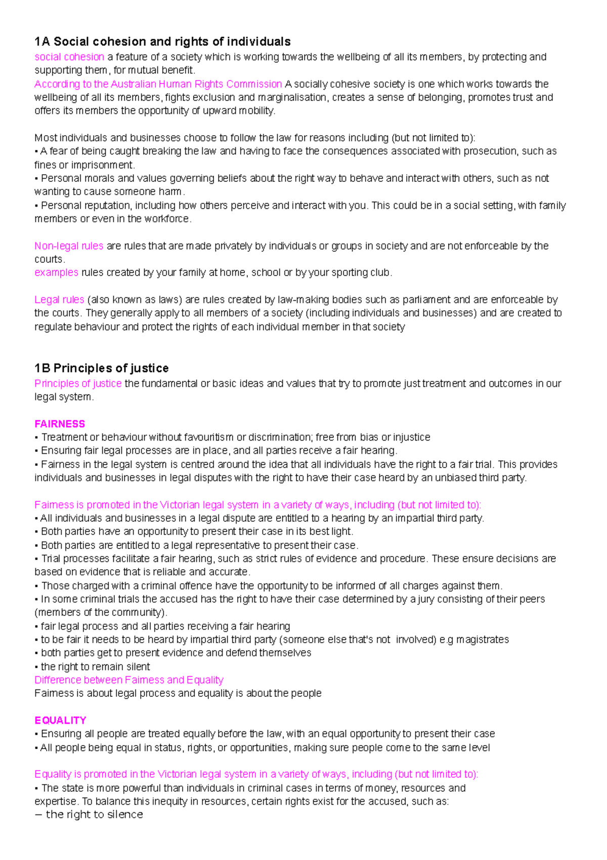 Notes Legal unit 3 and 4 vce study design - 1A Social cohesion and ...