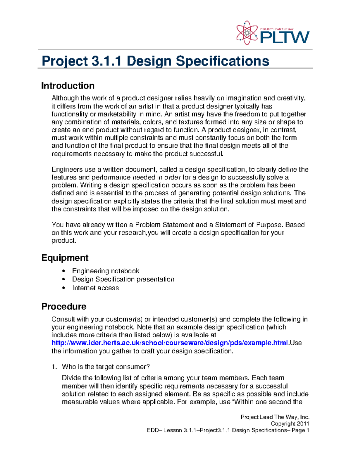 EDD– Lesson 3.1.1–Design Specifications for Project 3.1.1 - Studocu