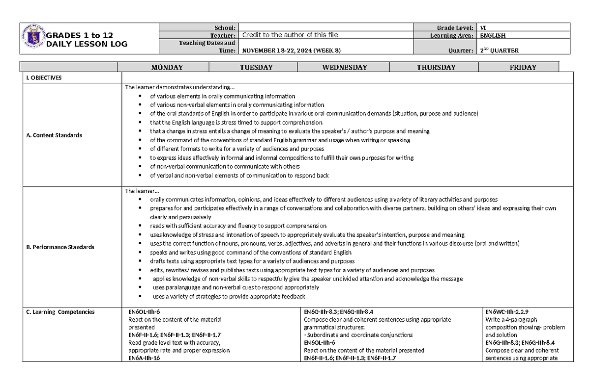 DLL English 6 Q2 W8 - Daily Lesson Log for Week 8 - Studocu