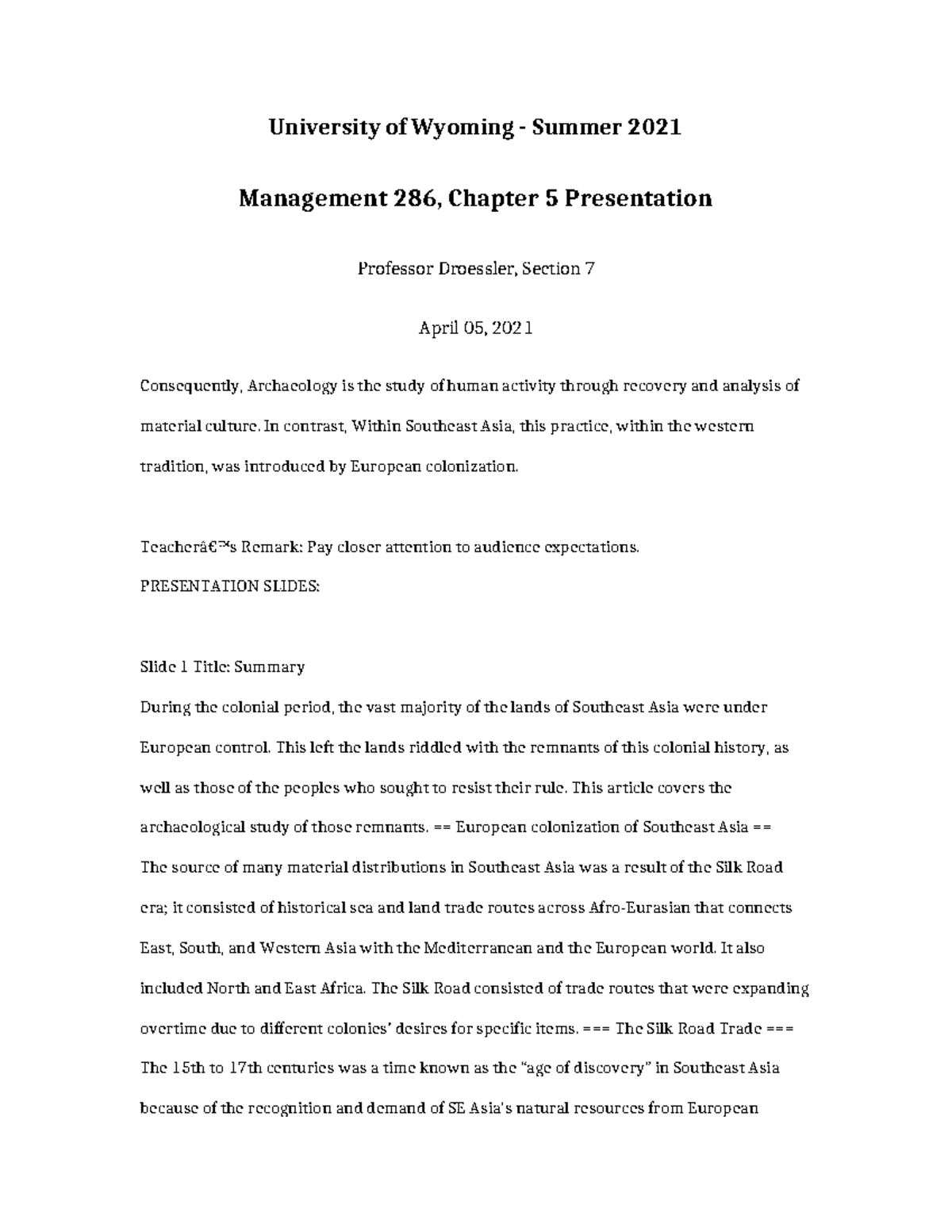 Management 286 Chapter 5 Presentation - University of Wyoming - Summer ...