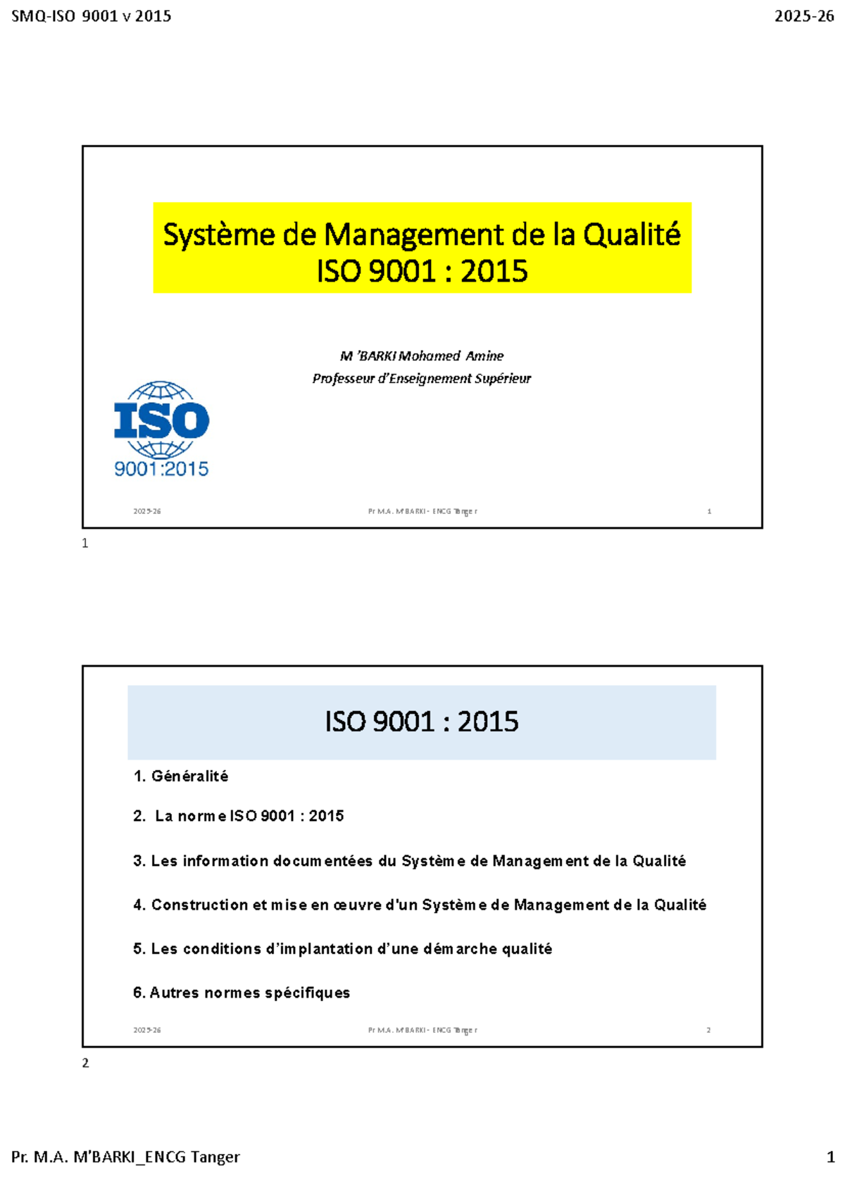 ISO 9001:2015 Système de Management de la Qualité - Notes de Cours ...