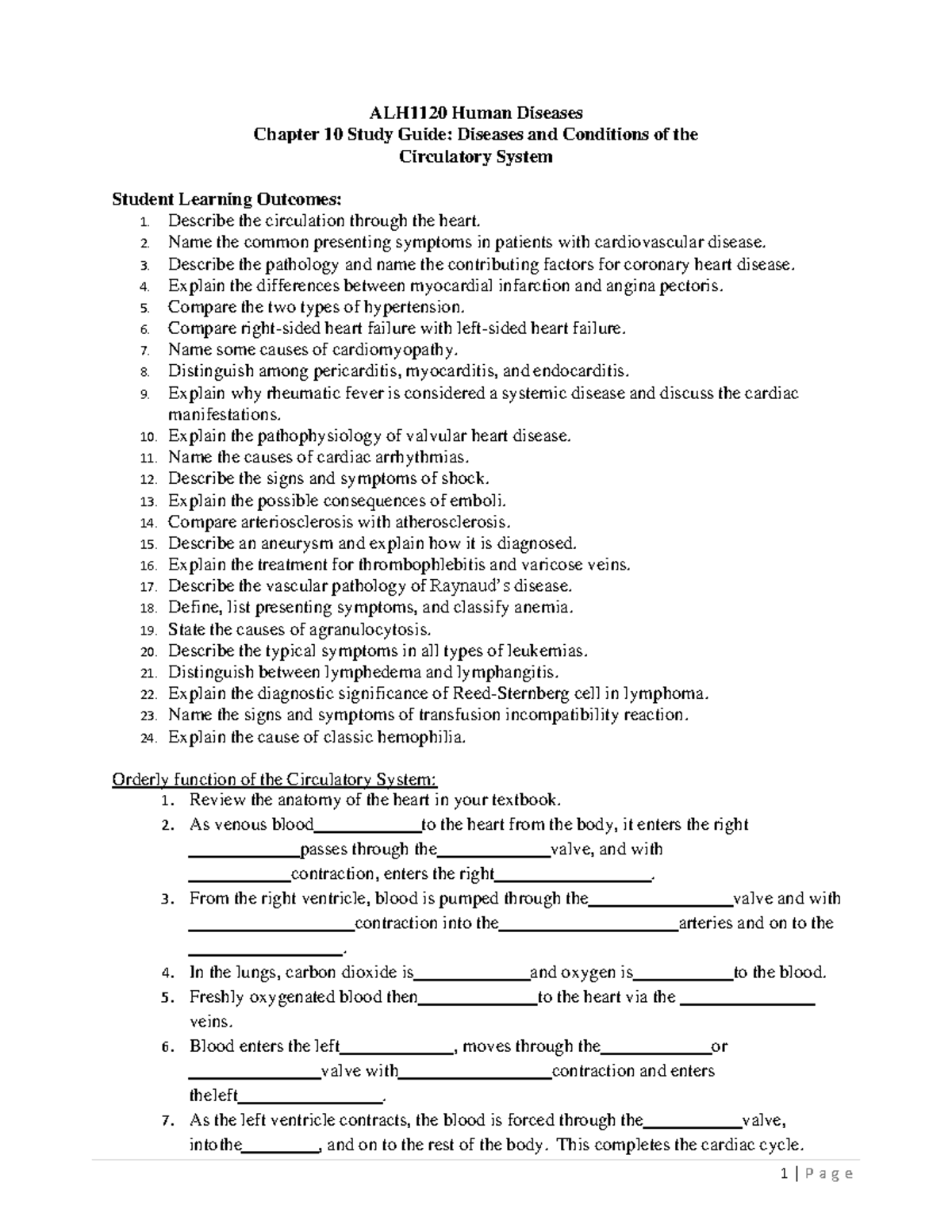 Chapter 10 Study Guide Diseases and Conditions of the Circulatory ...
