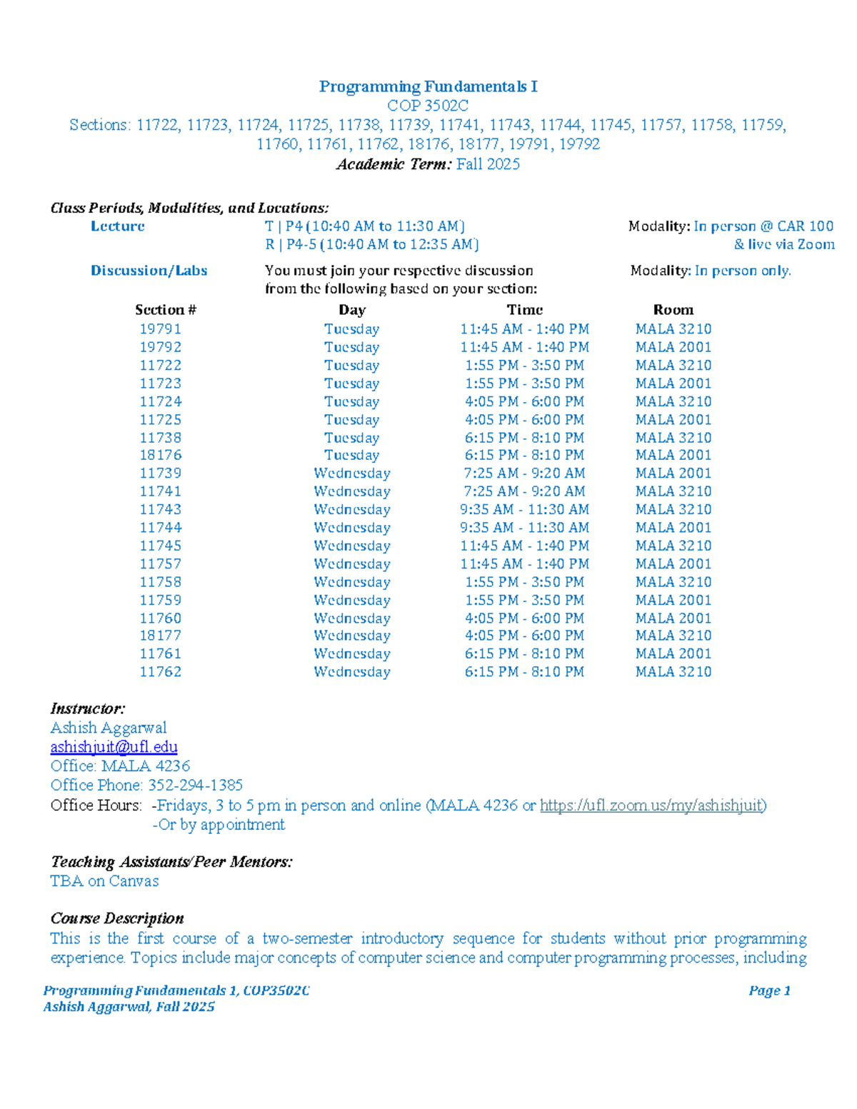Programming Fundamentals I Syllabus COP 3502C - Fall 2025 - Studocu