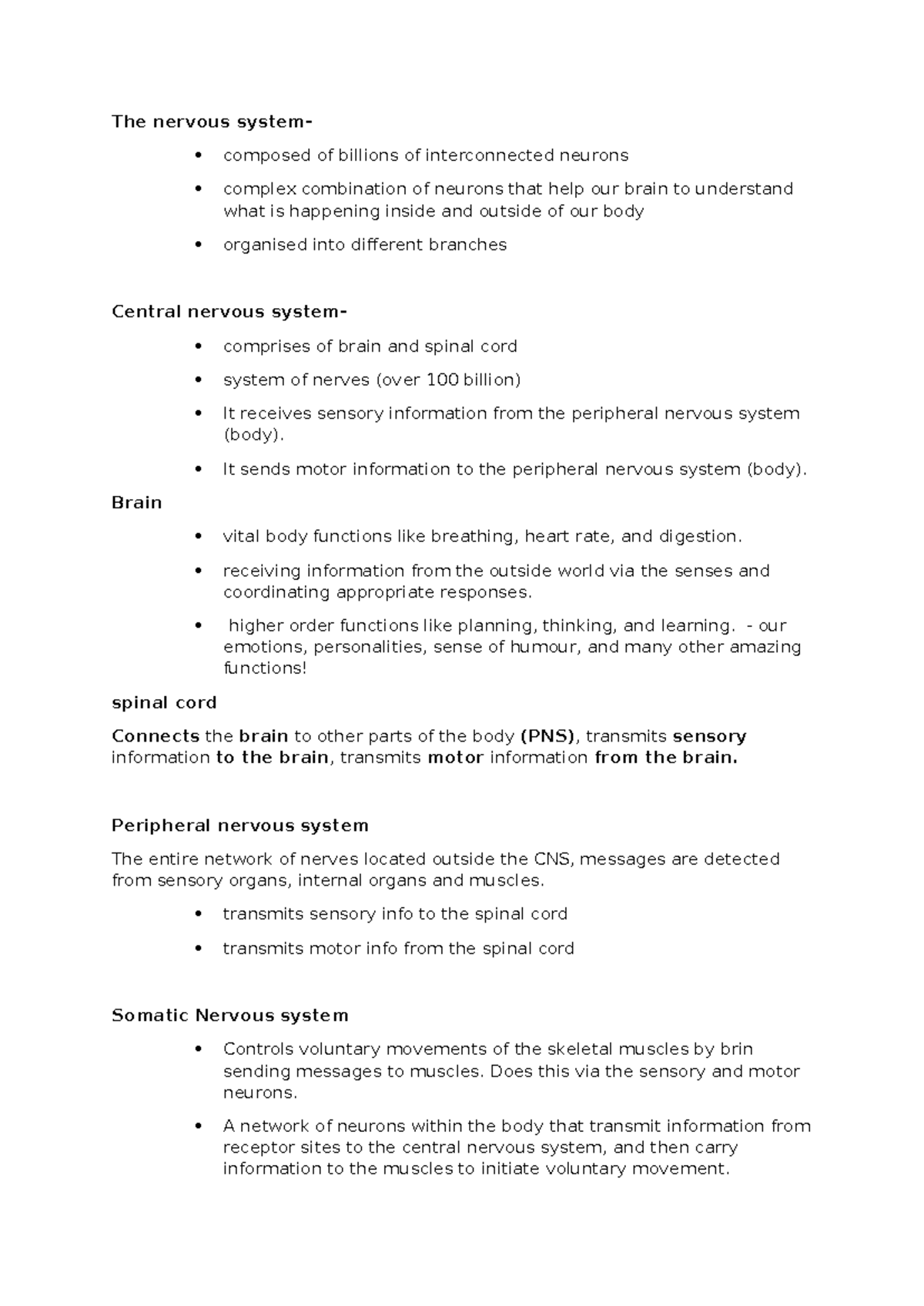 The Nervous System Overview: Unit 3 AOS 1 Study Notes - Studocu