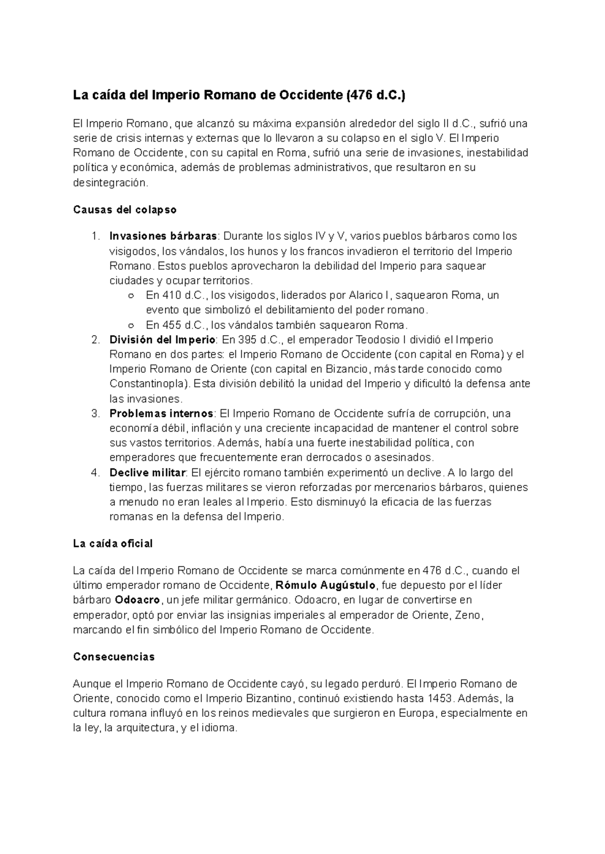 La caída del Imperio Romano de Occidente (476 d.C.): Causas y ...