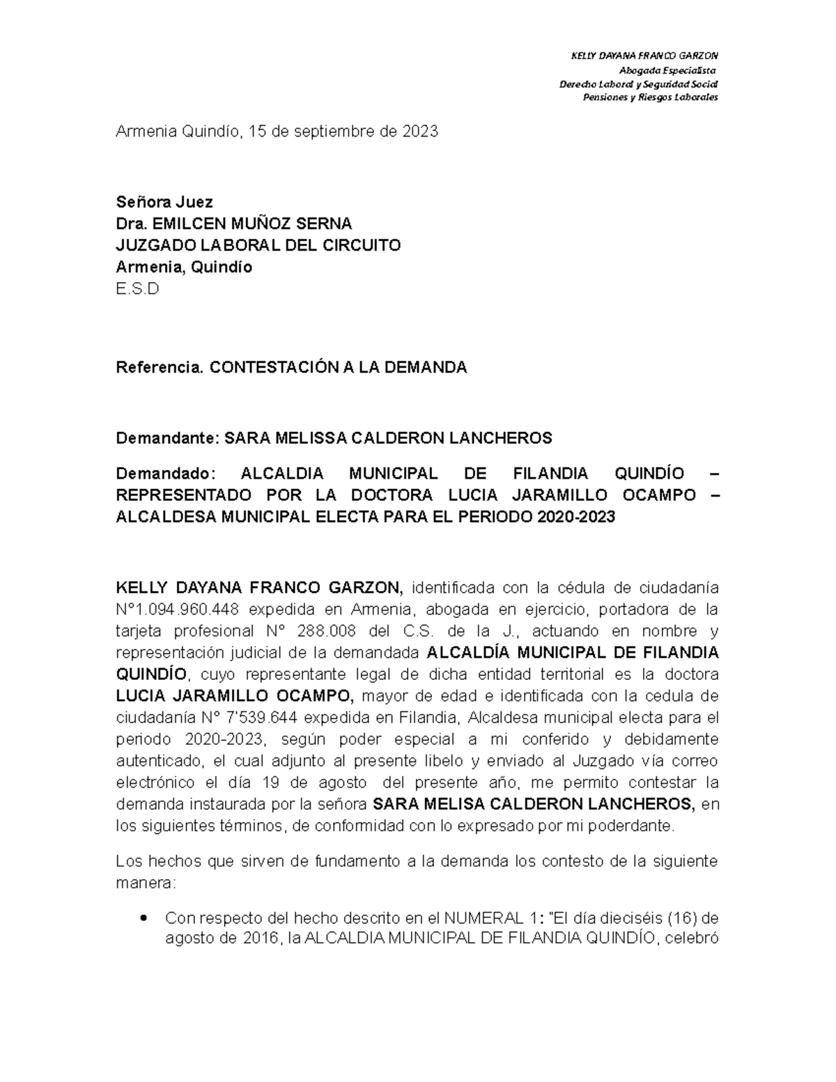 Contestación a la Demanda Laboral - Alcaldía Municipal - Derecho ...