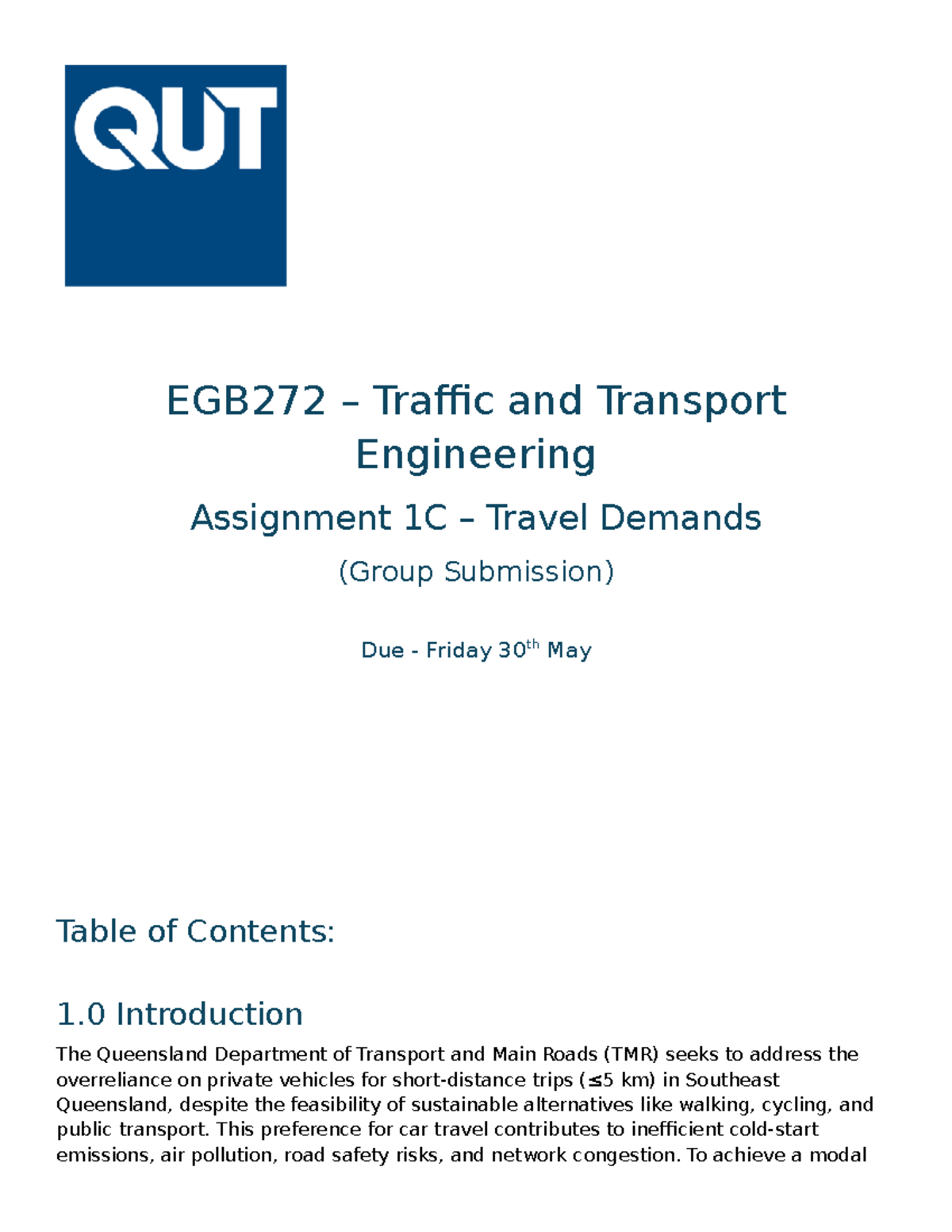 EGB272 Traffic & Transport Engineering Assignment 1C: Travel Demand ...