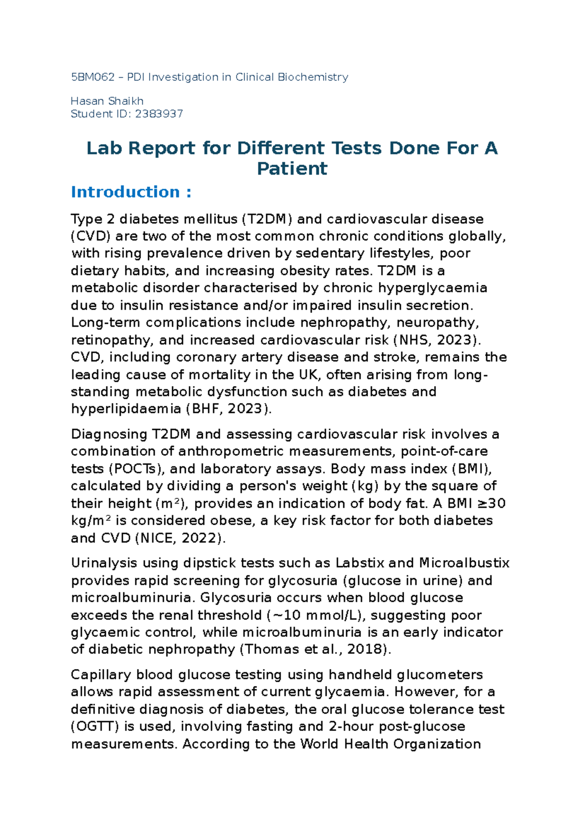 5BM062 PDI Lab Report: Investigating T2DM & CVD Risk Factors - Studocu