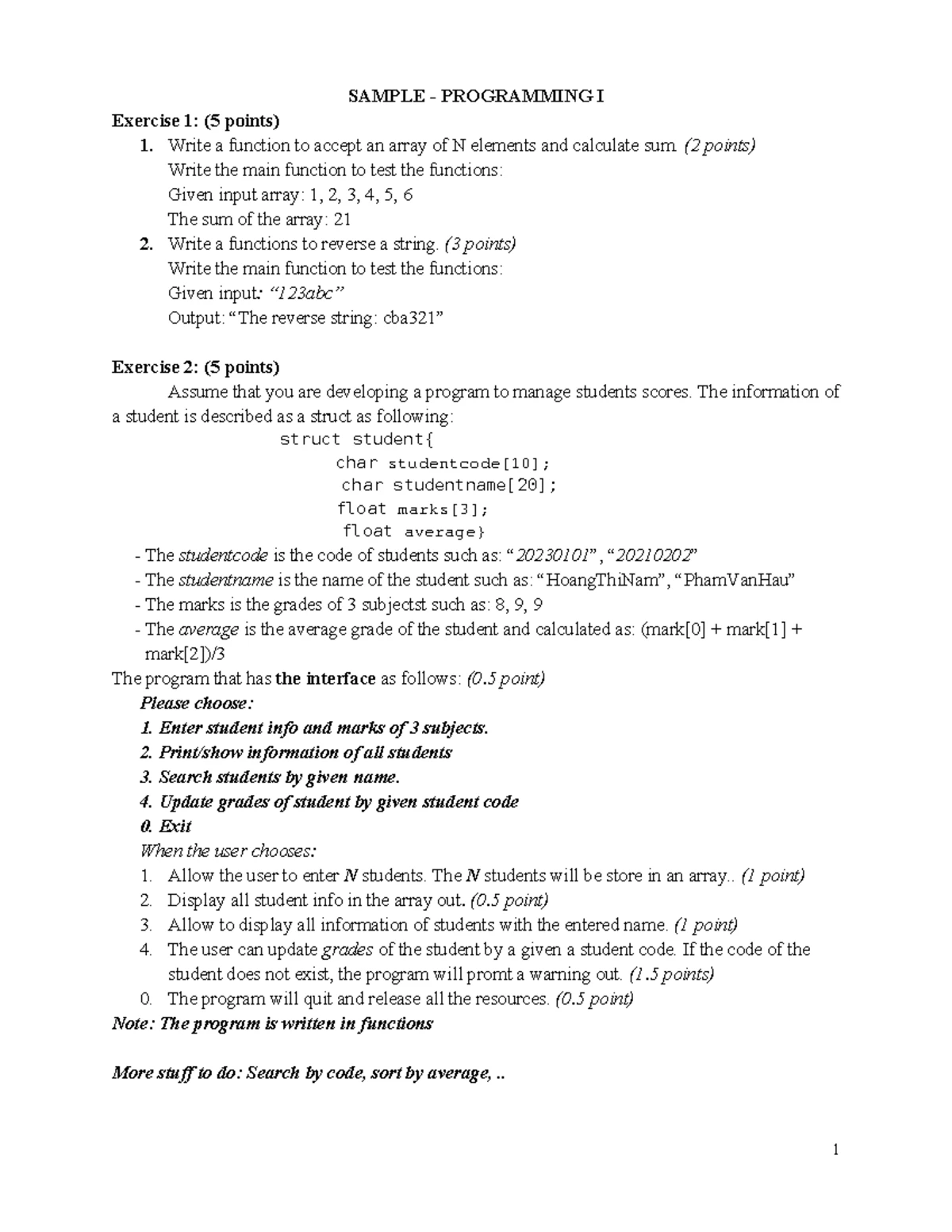 Programming I Sample Exercises (75 mins) - Problem Solving & Structs ...