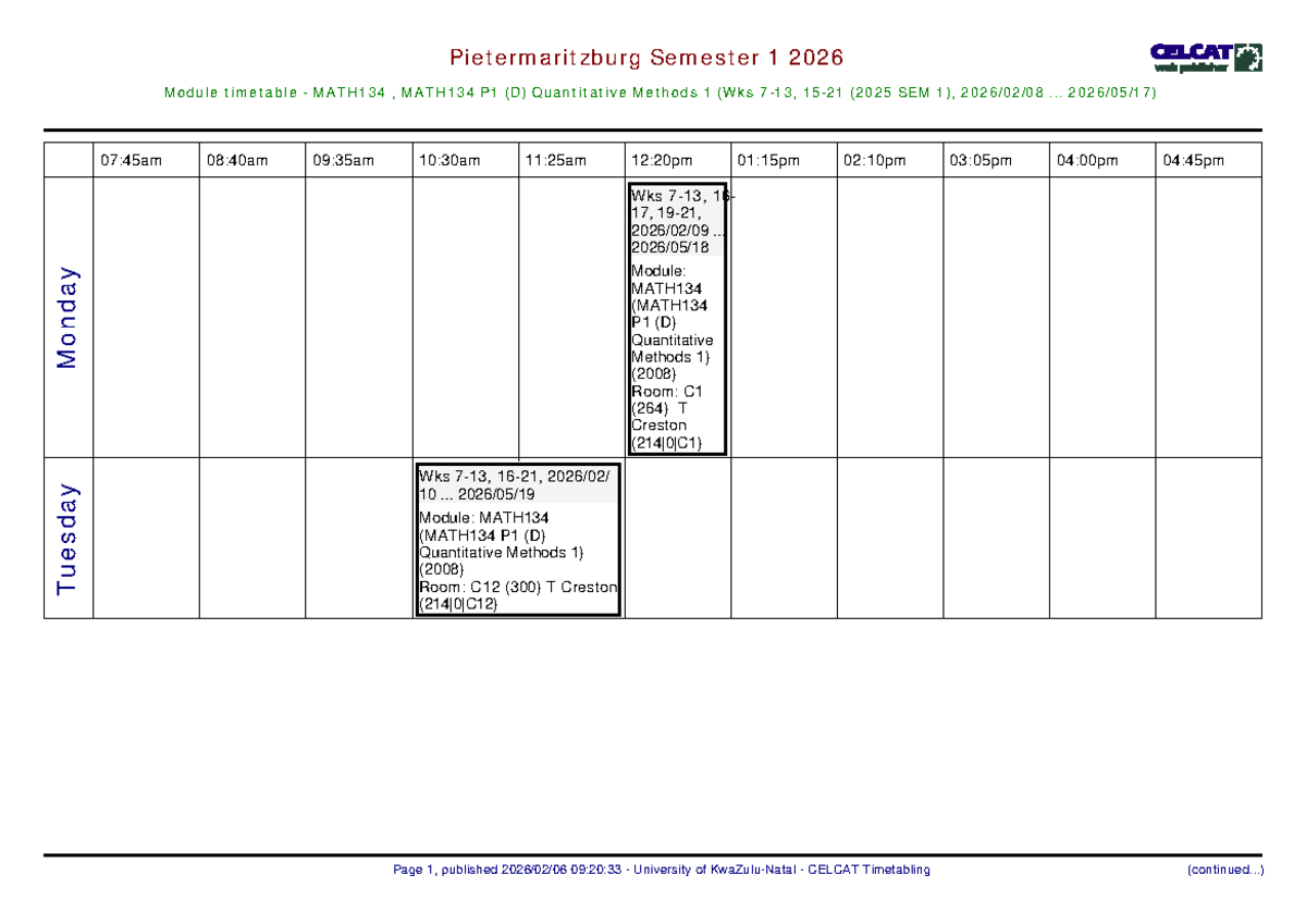 MATH134 Semester 1 2026 Timetable for Quantitative Methods 1 - Studocu