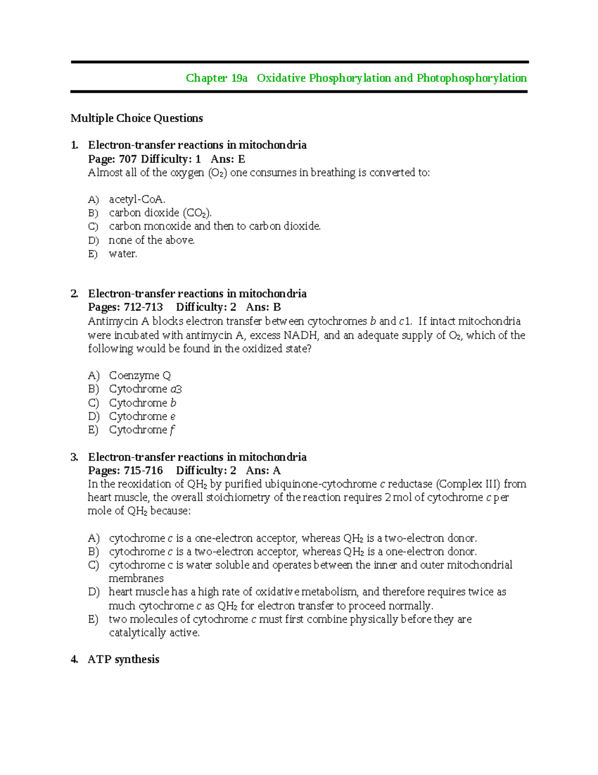 Exercise chapter 19a Prof - Chapter 19a Oxidative Phosphorylation and ...