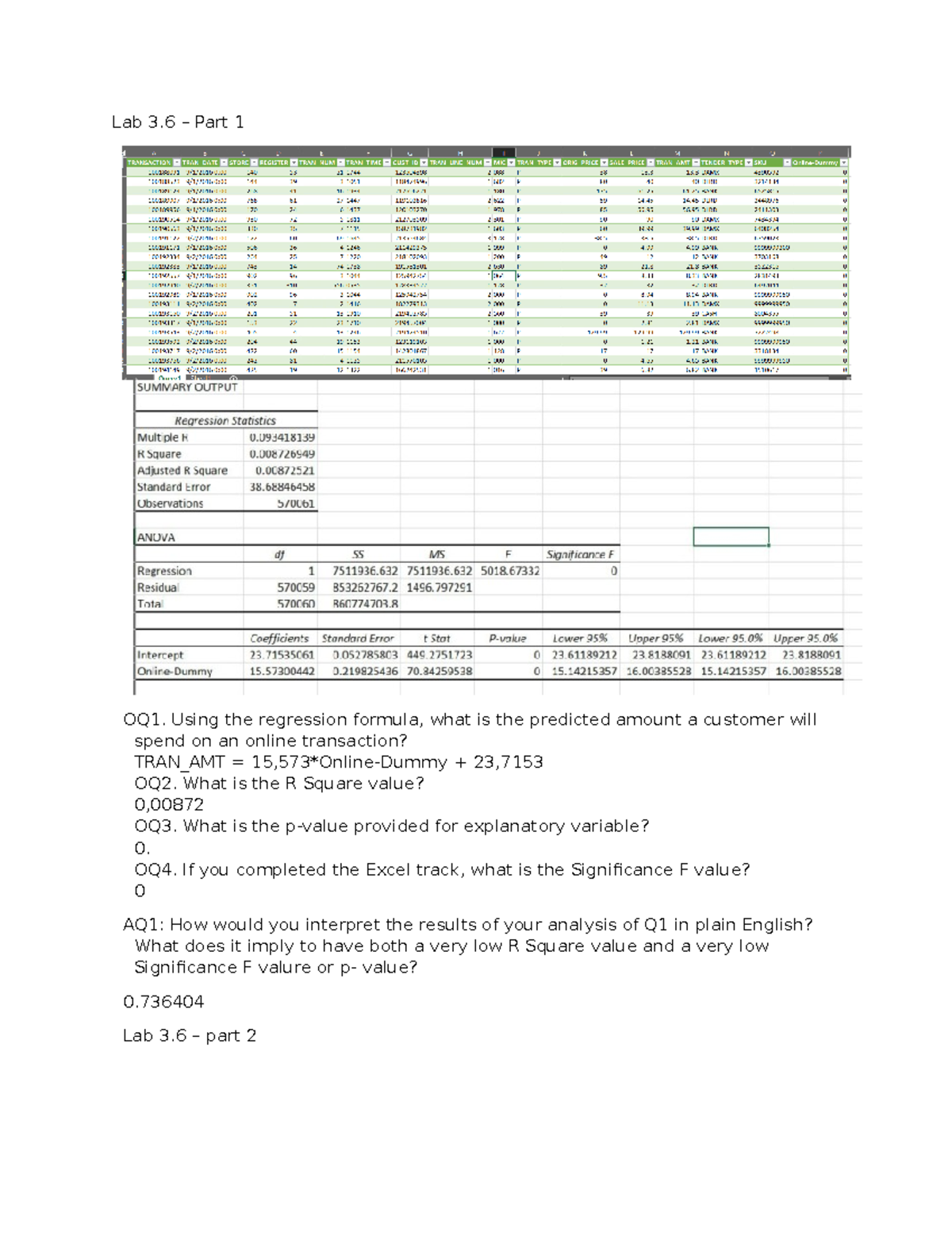 LAB 3 - 3...... - Lab 3 – Part 1 OQ1. Using the regression formula ...