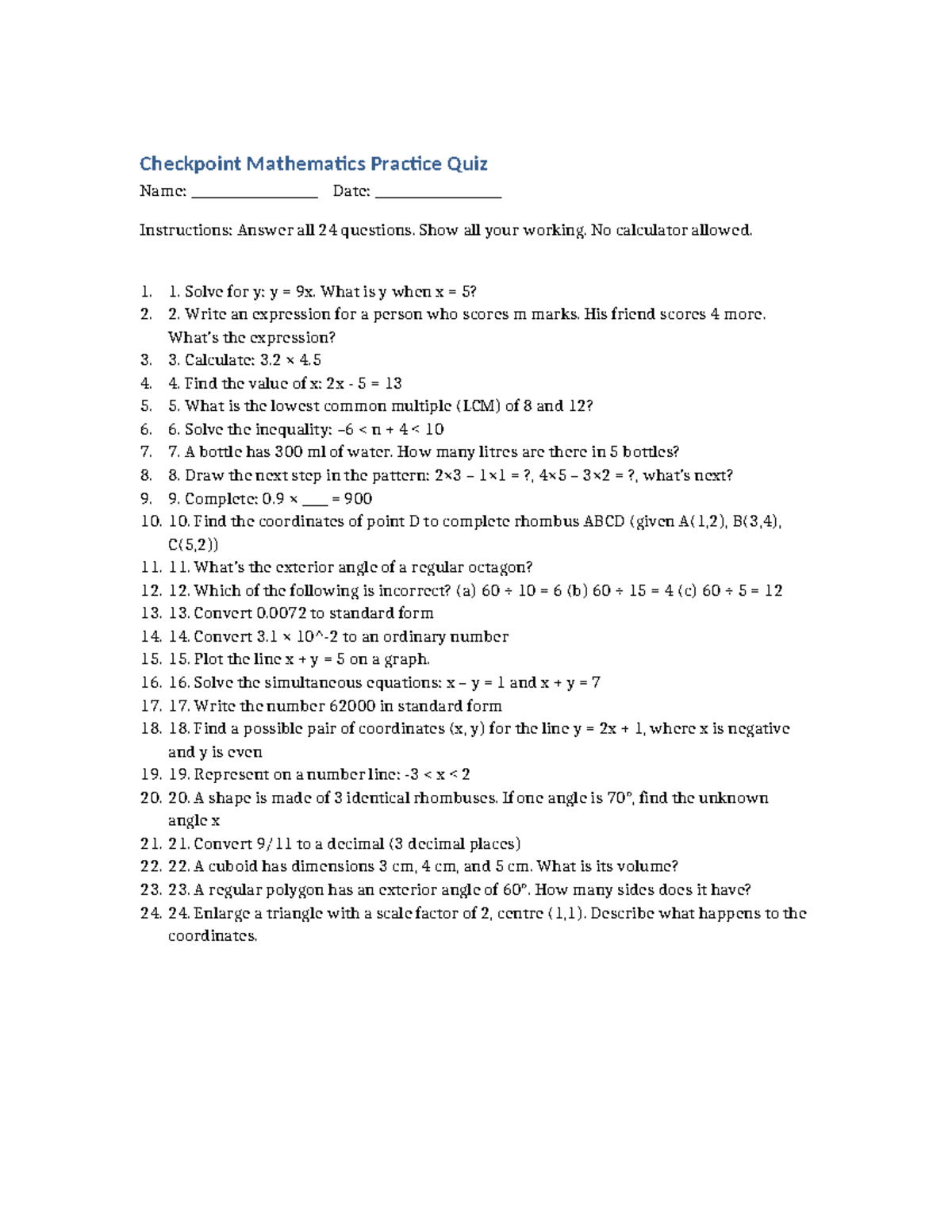 Yafet Checkpoint Mathematics Practice Quiz: 24 Questions to Solve - Studocu