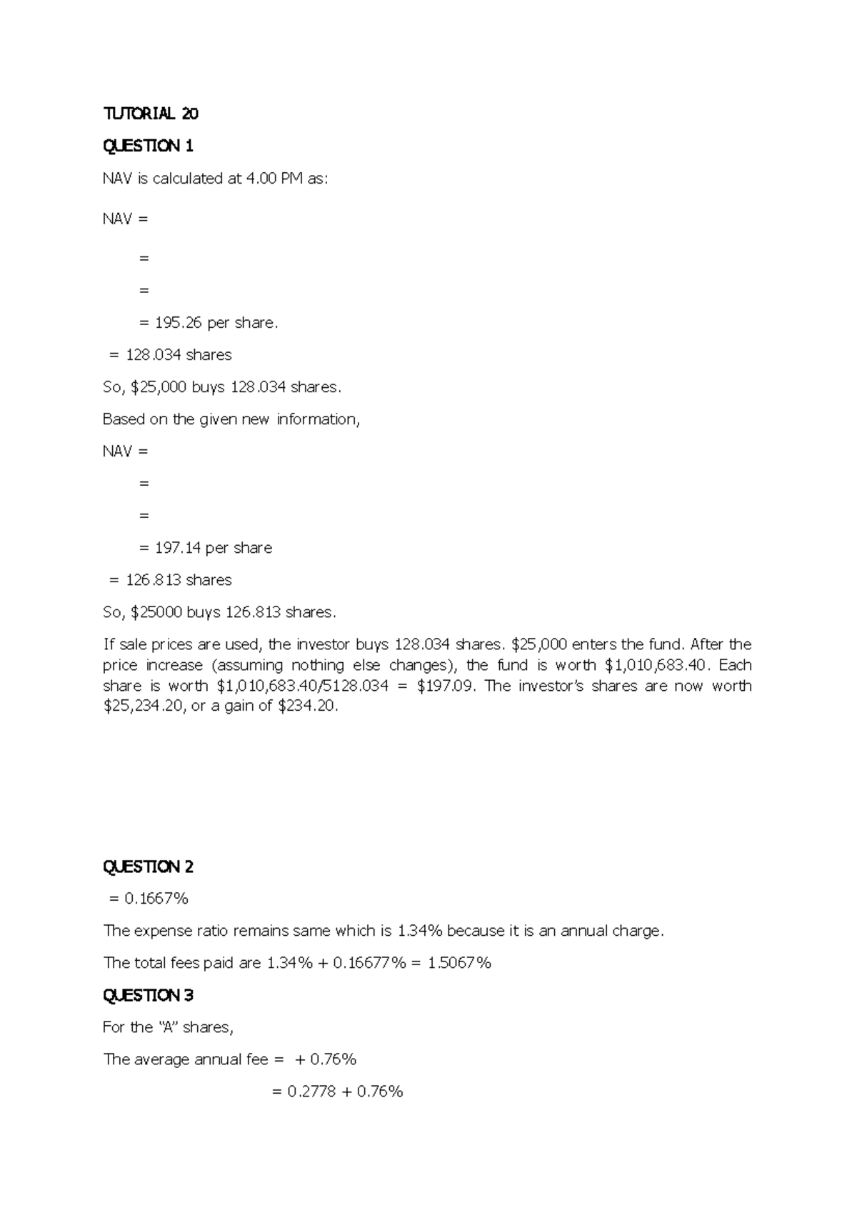 Finance Tutorial 20 Answers: NAV Calculations and Expenses - Studocu