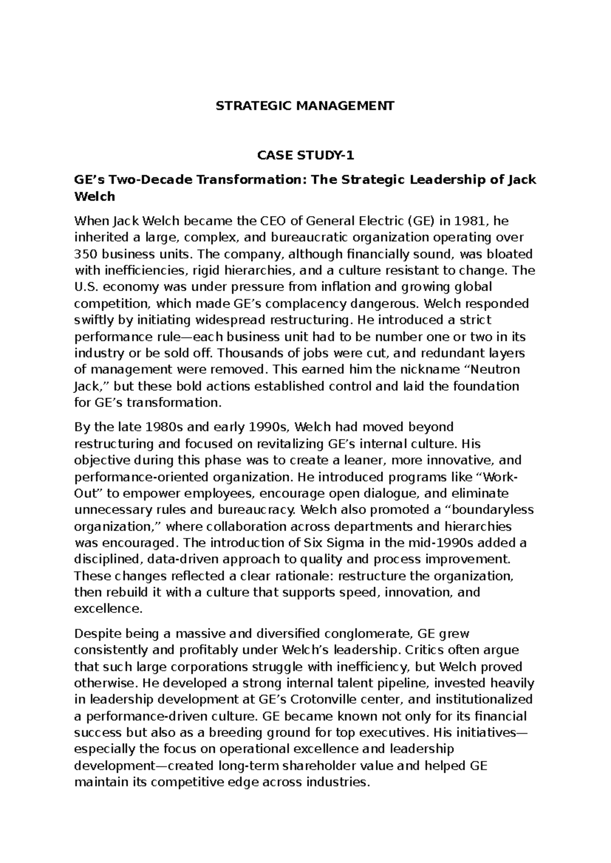 CASE Study - SM- GE - Jack Welch's Strategic Leadership Transformation ...