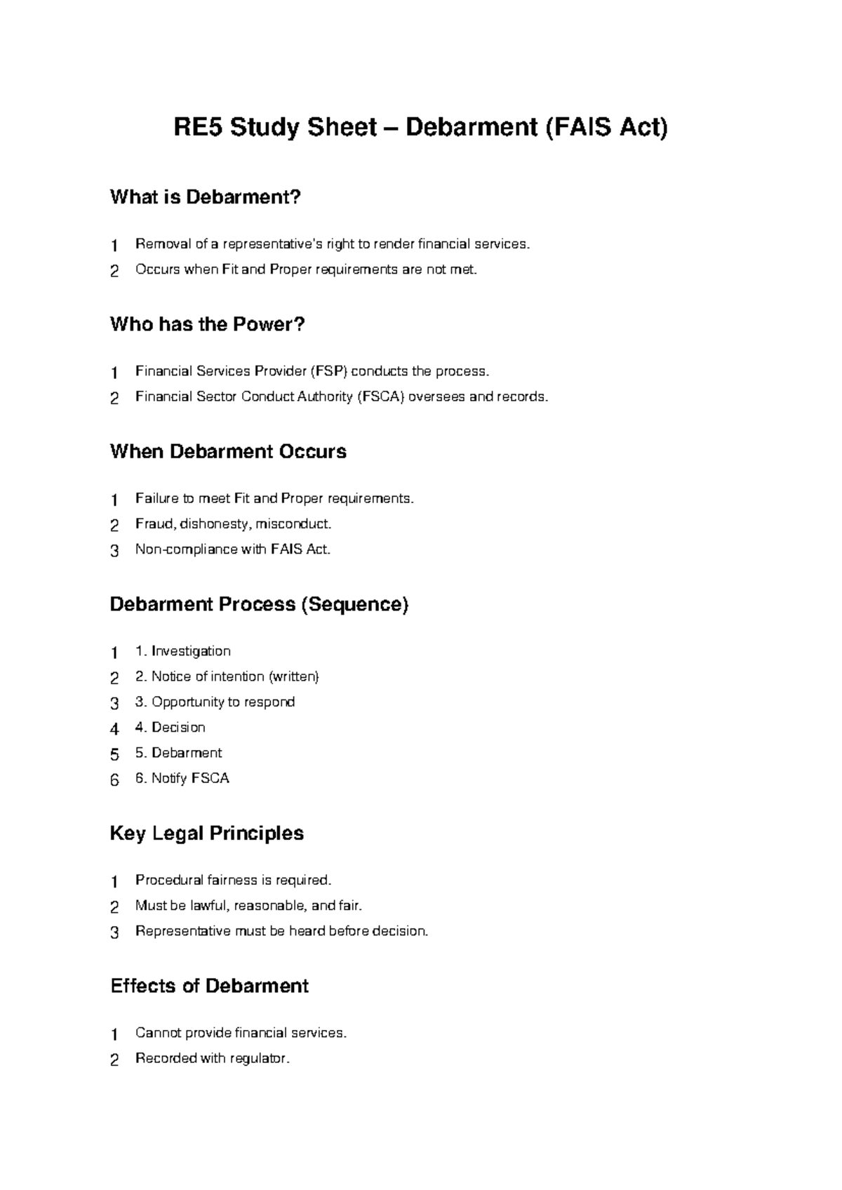 RE5 Study Sheet: Understanding Debarment under FAIS Act - Studocu