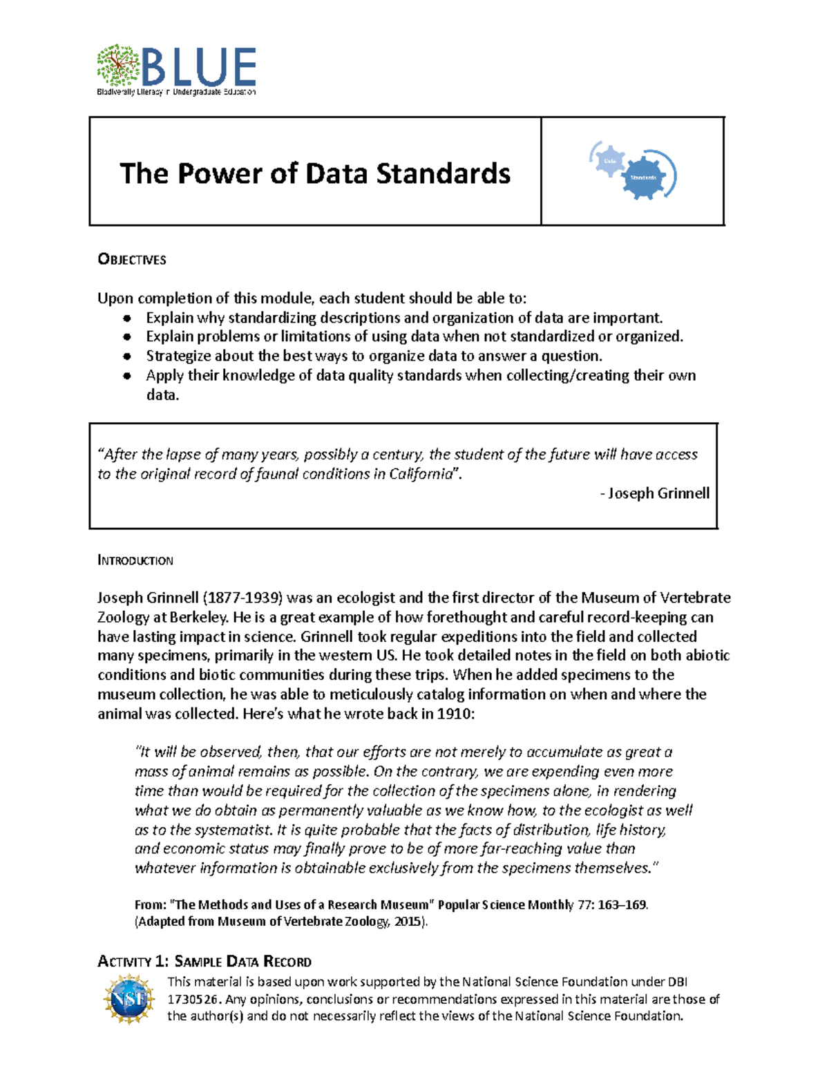 A11 - Lab work for a bio class - The Power of Data Standards OBJECTIVES ...