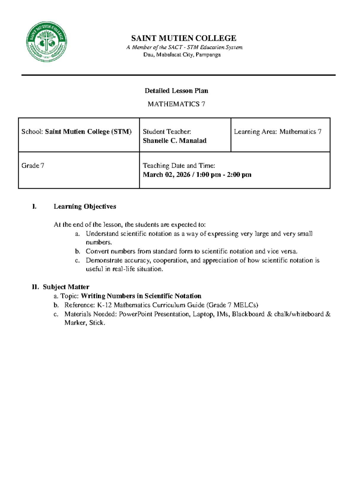 MATHEMATICS 7 Detailed Lesson Plan: Scientific Notation (SAINT MUTIEN ...