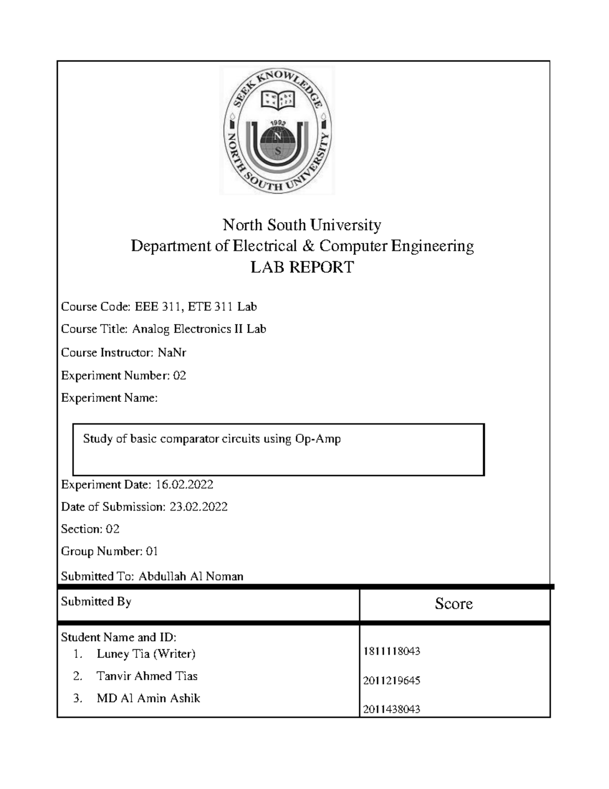 EXP 2 EEE311Lab report 2Comparator Circuit 21 1 1 - North South ...