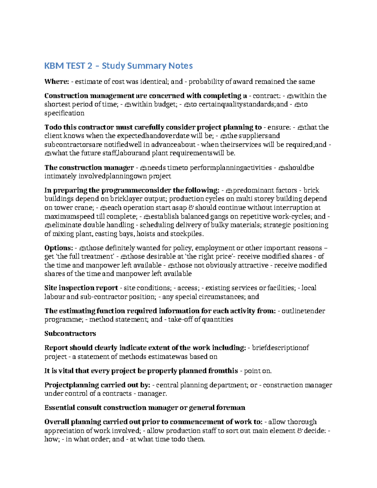 KBM TEST 2: Construction Management Study Summary Notes - Studocu
