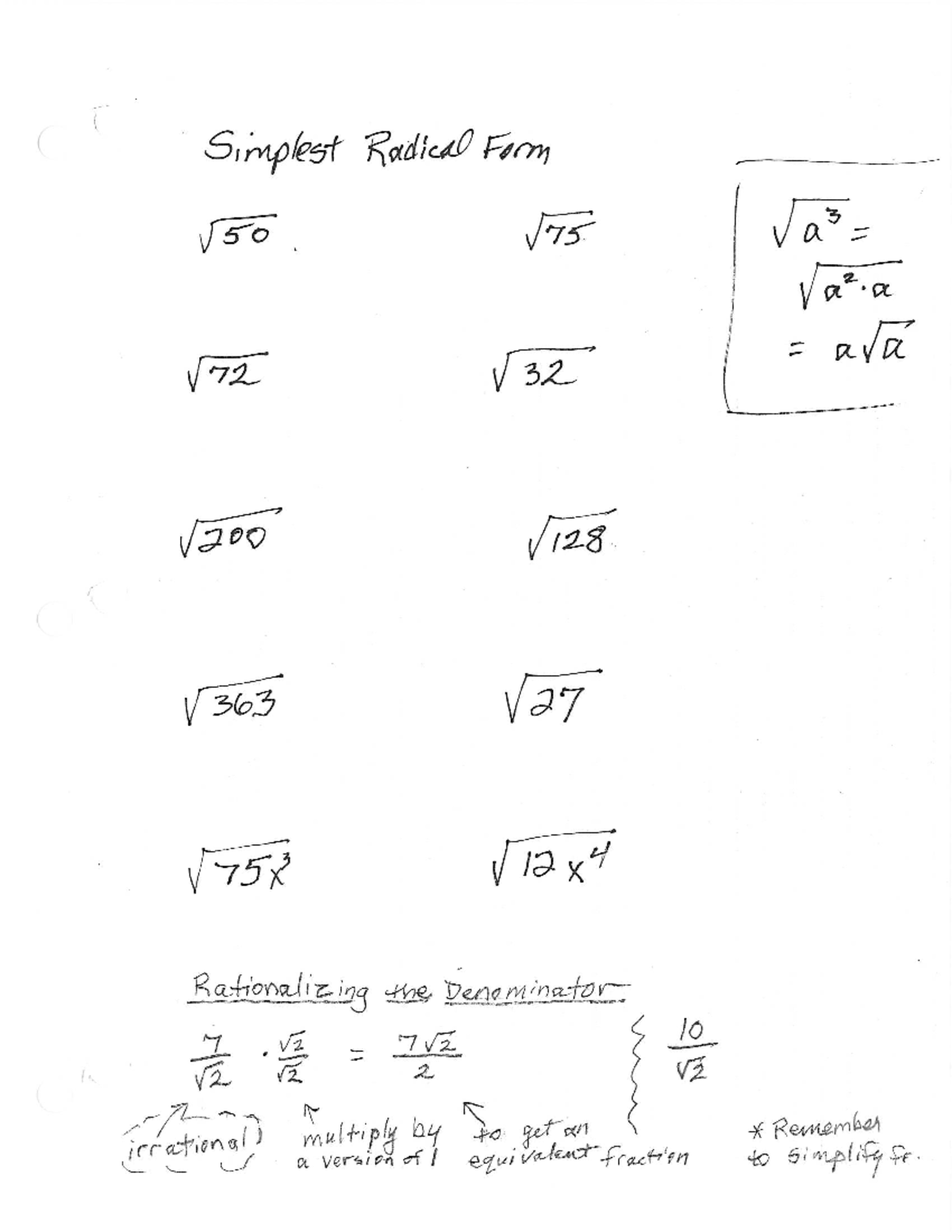 Simplest Radical FORM practice - Simplest Radical Form 50 75 a a 3 a2 a ...