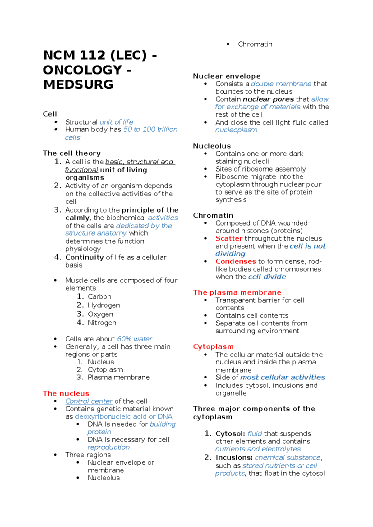 NCM 112 (LEC) - Oncology MedSurg: Cell Structure & Cancer Treatment ...
