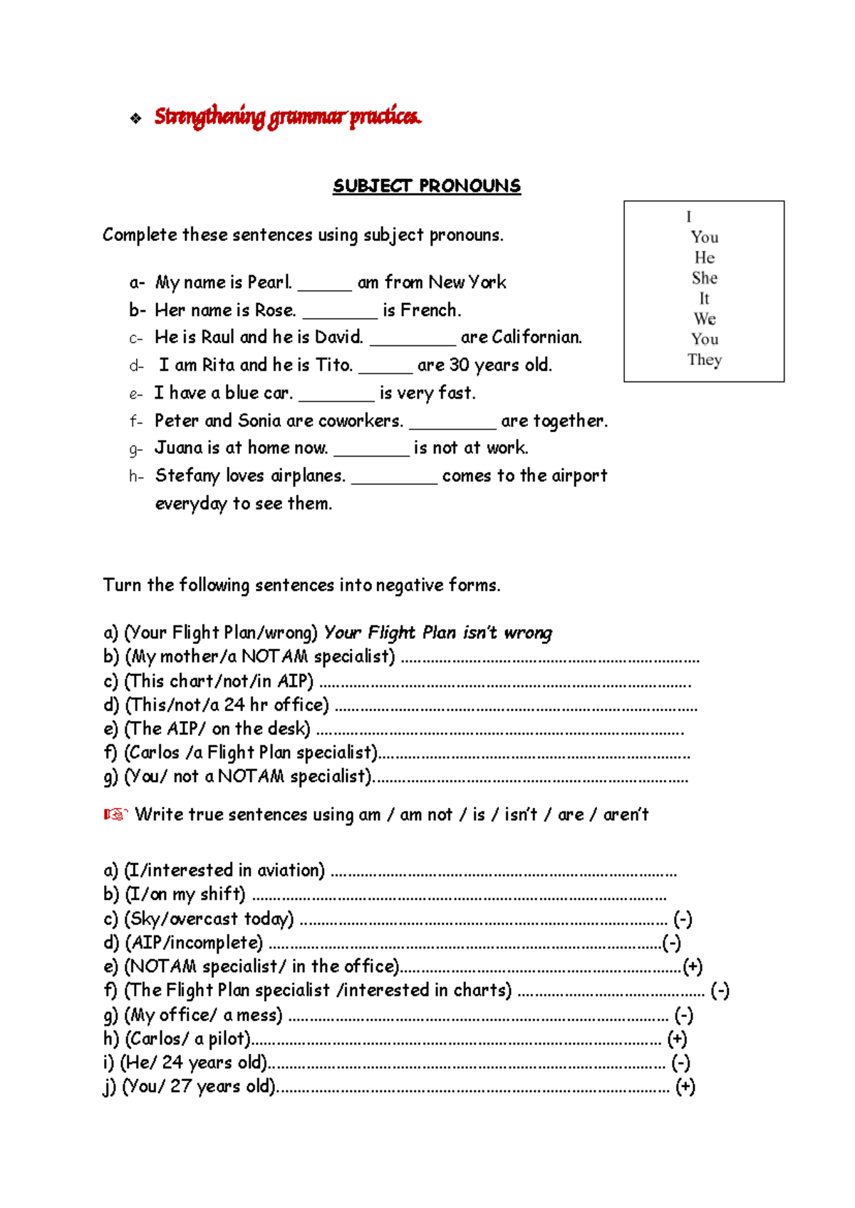 Subject Pronouns and Grammar Practices - English I 688a24afcbeb - Studocu