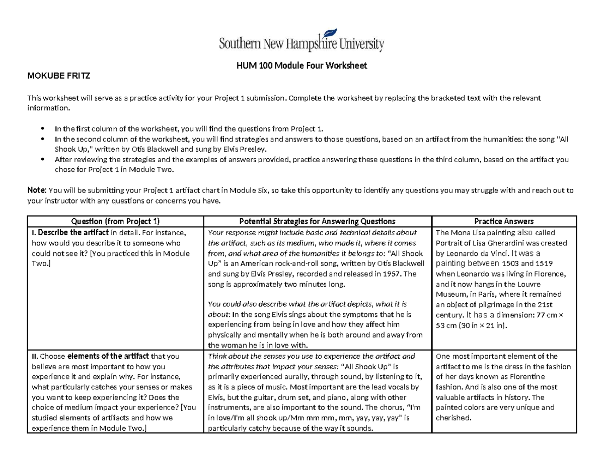 HUM 100 Module Four Worksheet: Analyzing Artifacts in Humanities - Studocu