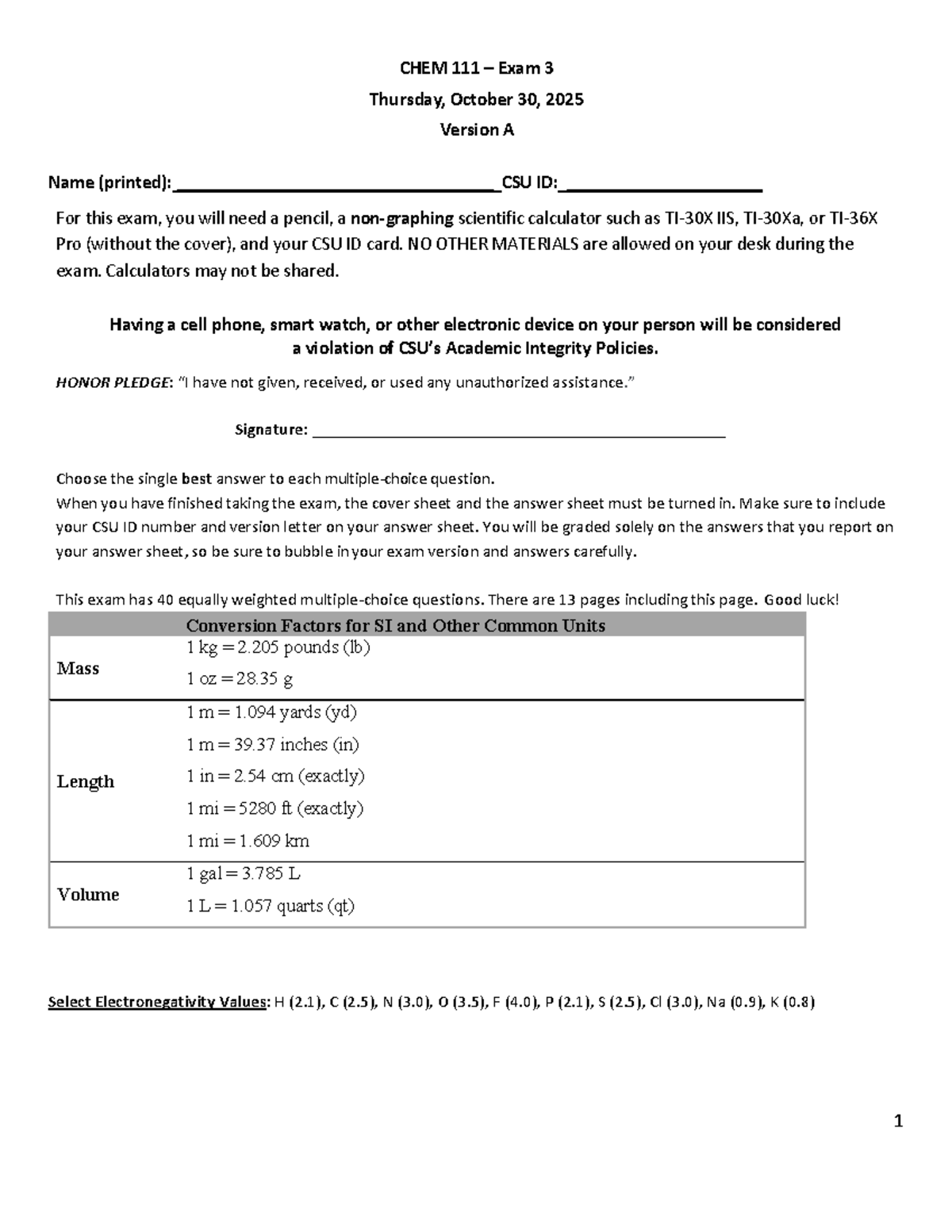 CHEM 101 Exam 3 FA25 Version A - Multiple Choice Questions - Studocu