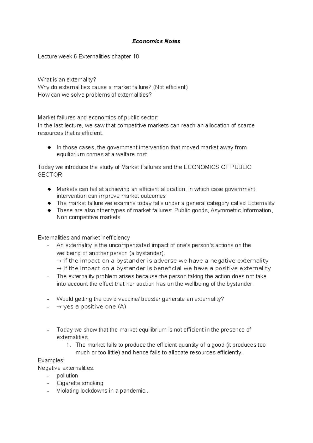 ECON 101 Lecture Notes: Week 6 - Externalities & Market Failures - Studocu