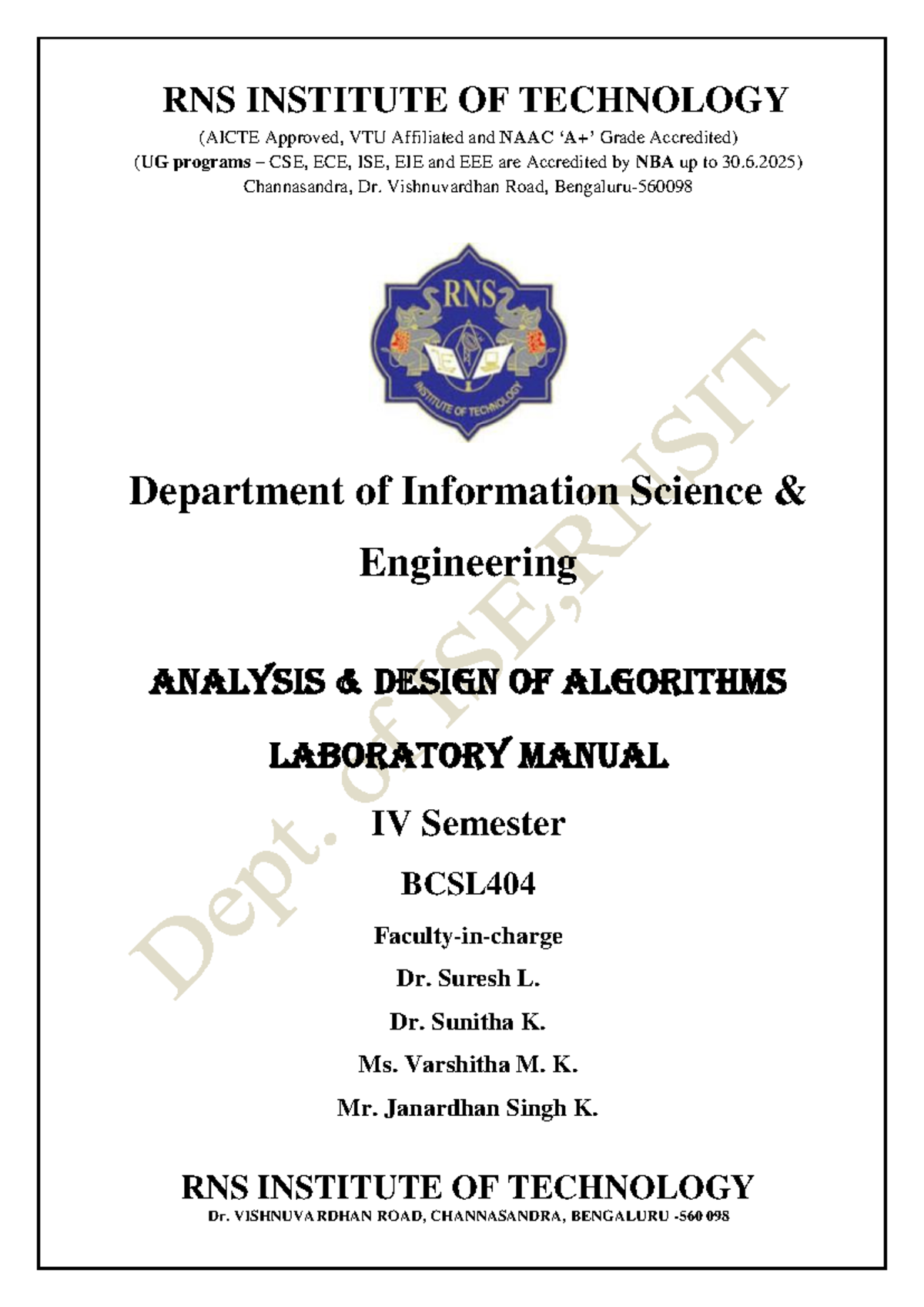 RNSIT BCSL404 - Analysis and Design of Algorithms Lab Manual - Studocu