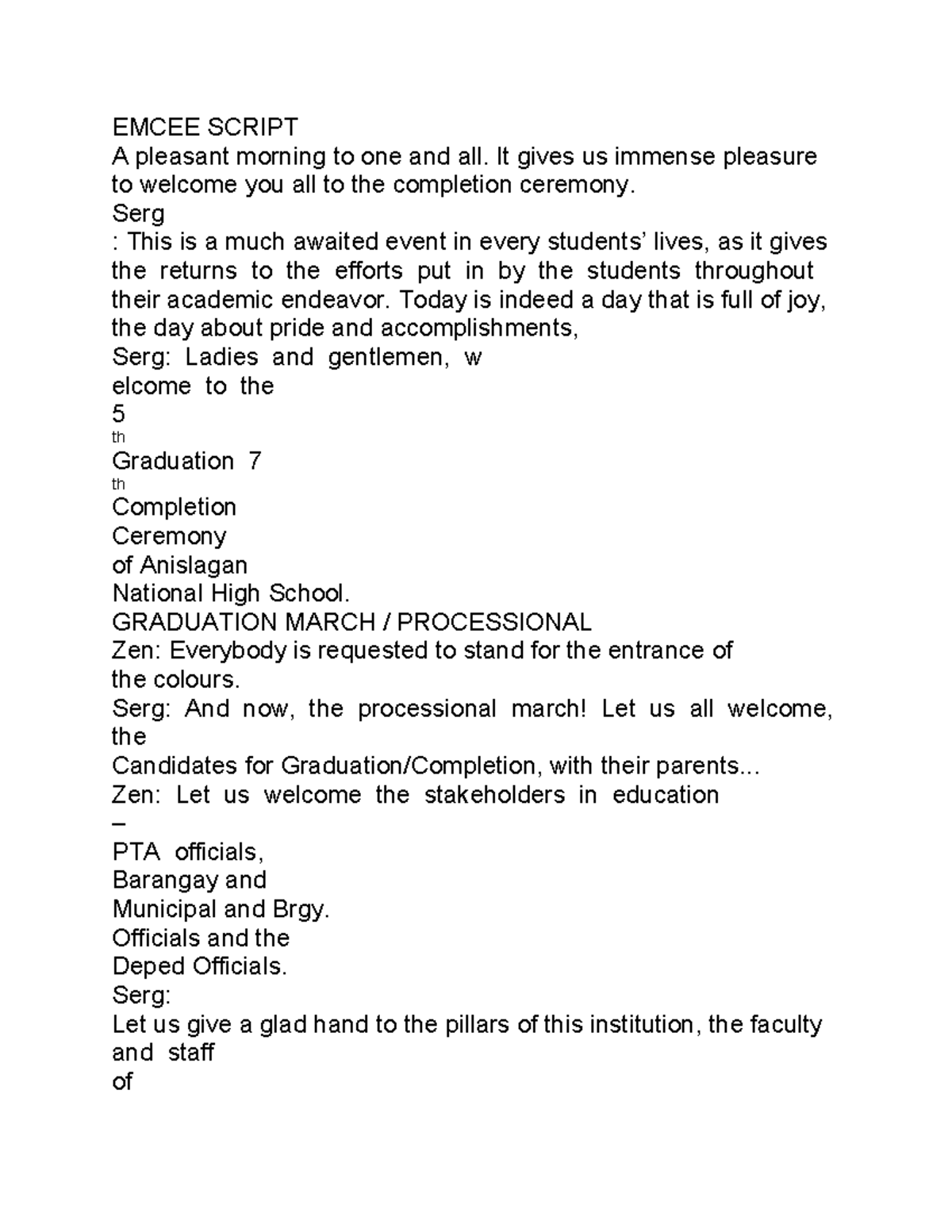 Emcee Script for Graduation Ceremony at Anislagan NHS - Studocu