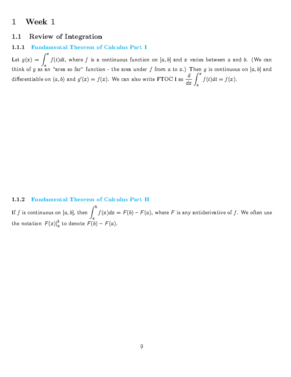 Week 1 Lecture notes - 1 Week 1 1 Review of Integration 1.1 Fundamental ...