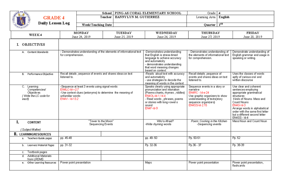 DLL QTR1 WEEK 4 - English Grade 4 Lesson Plan - Studocu
