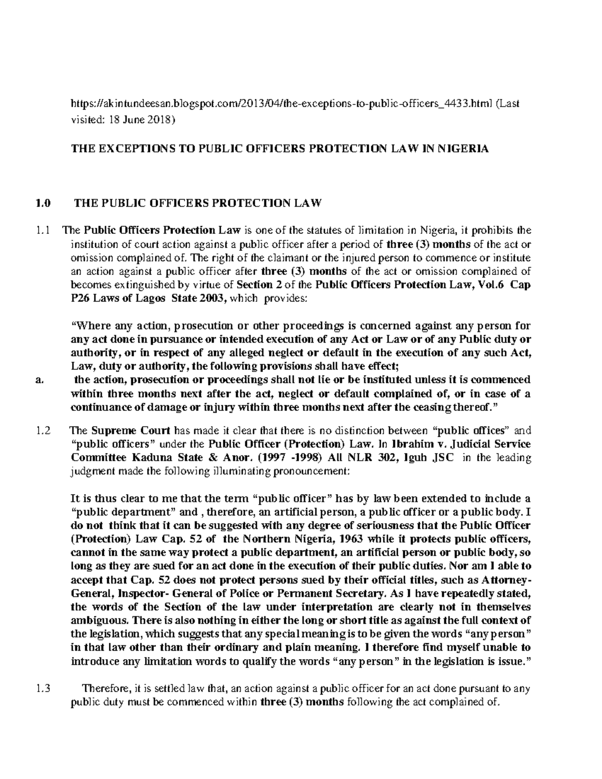 Exceptions to Public Officers Protection Law in Nigeria - Studocu