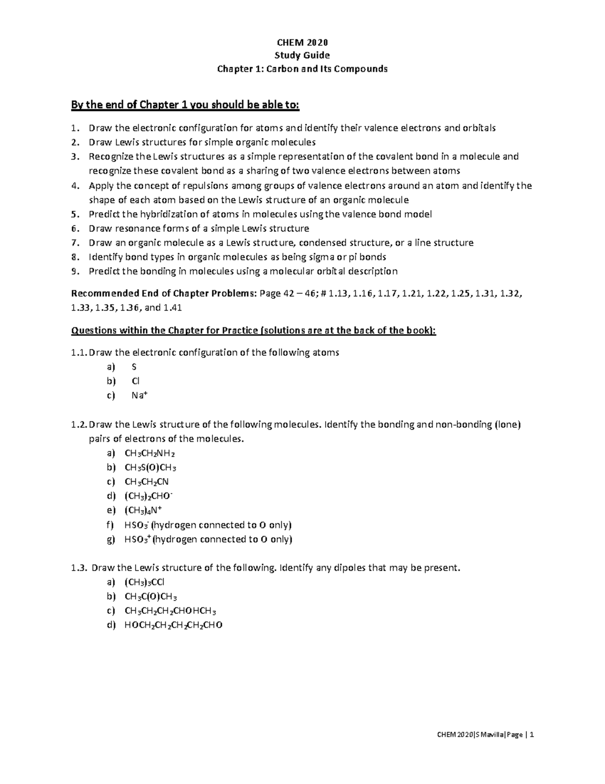 CHEM 2020 Study Guide: Chapter 1 - Carbon & Its Compounds Overview ...