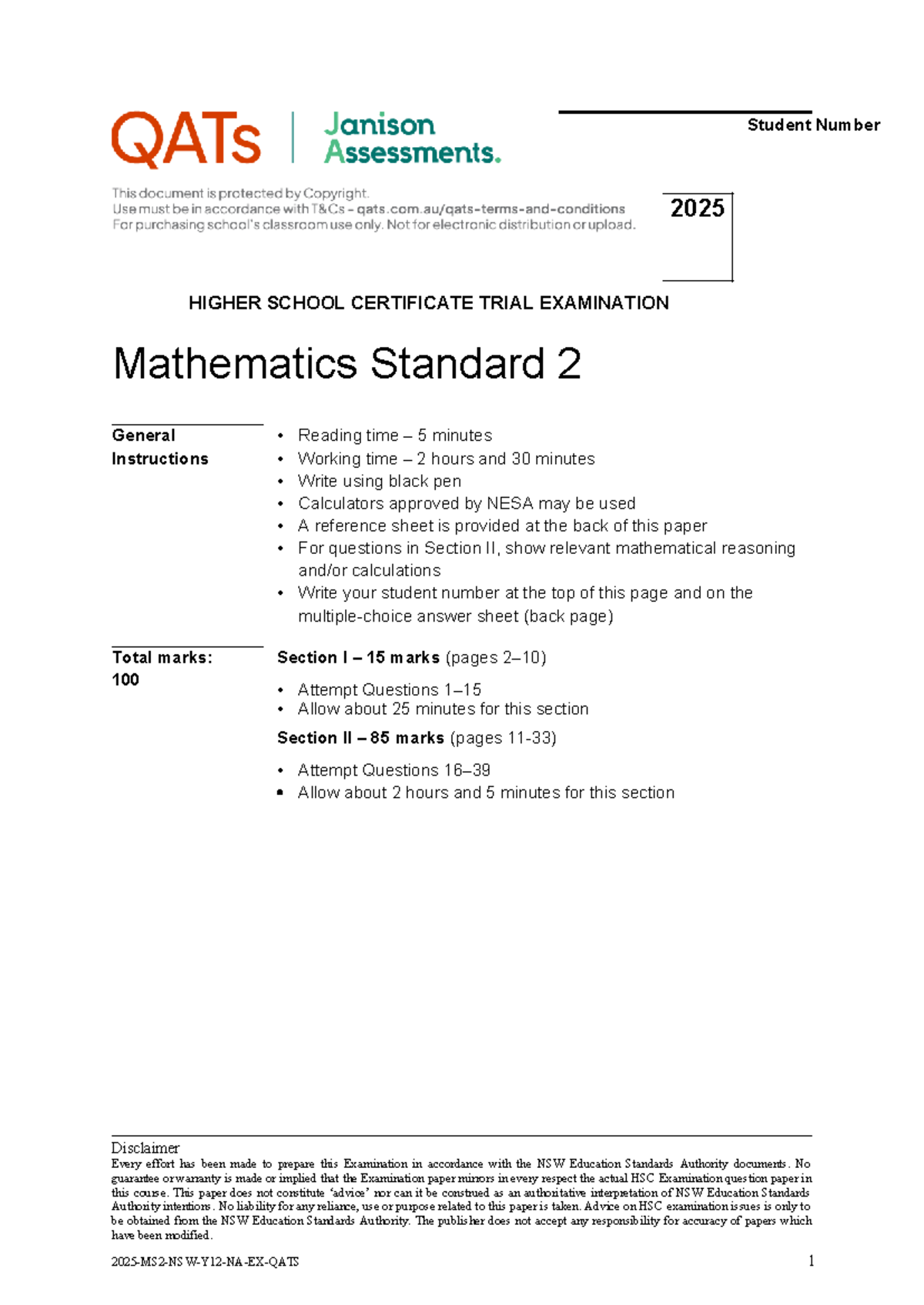 2025 HSC Trial Exam Mathematics Standard 2 - General Instructions - Studocu