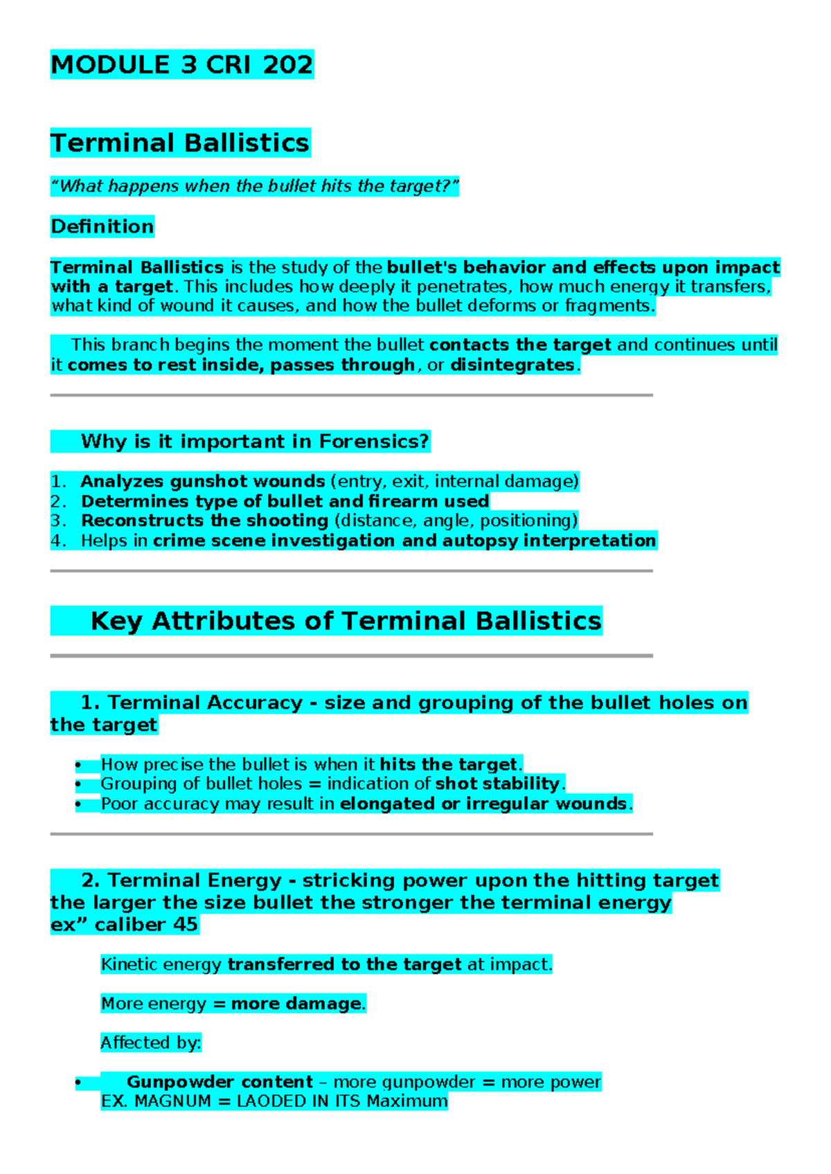 Module 3 CRI 202 - Terminal Ballistics and Forensic Applications - Studocu
