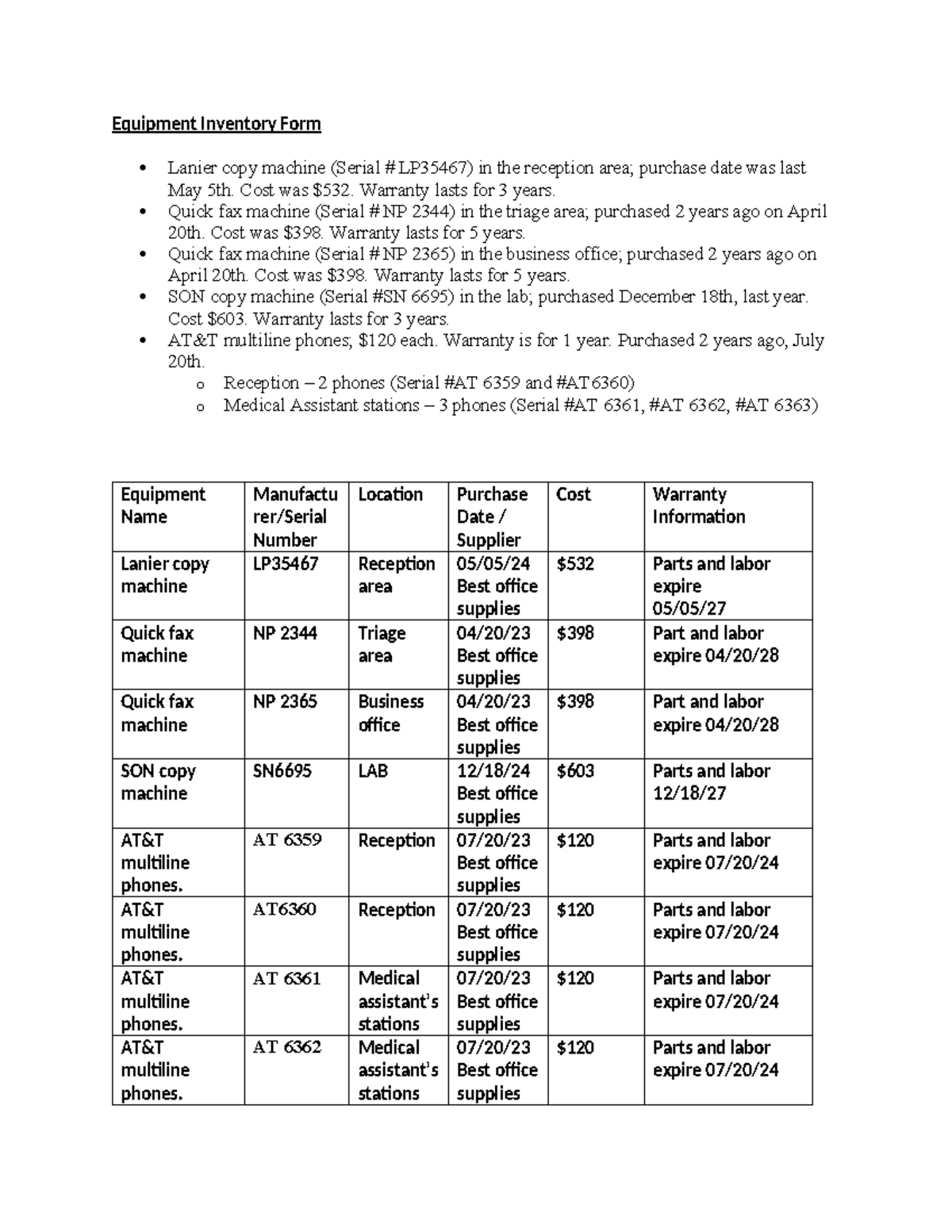 Work Product 11.1 Equipment Inventory Form - Equipment Inventory Form ...