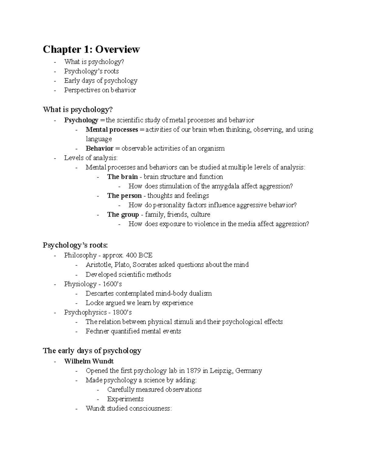 Ps101 - Chapter 1 Overview: Introduction to Psychology Concepts - Studocu