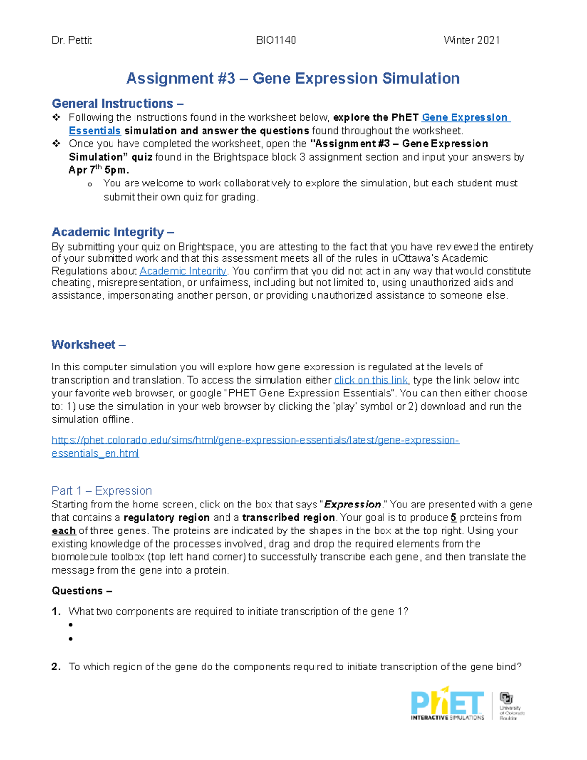 Assignment #3 - Gene Expression Simulation BIO1140 W2021 - Dr. Pettit ...