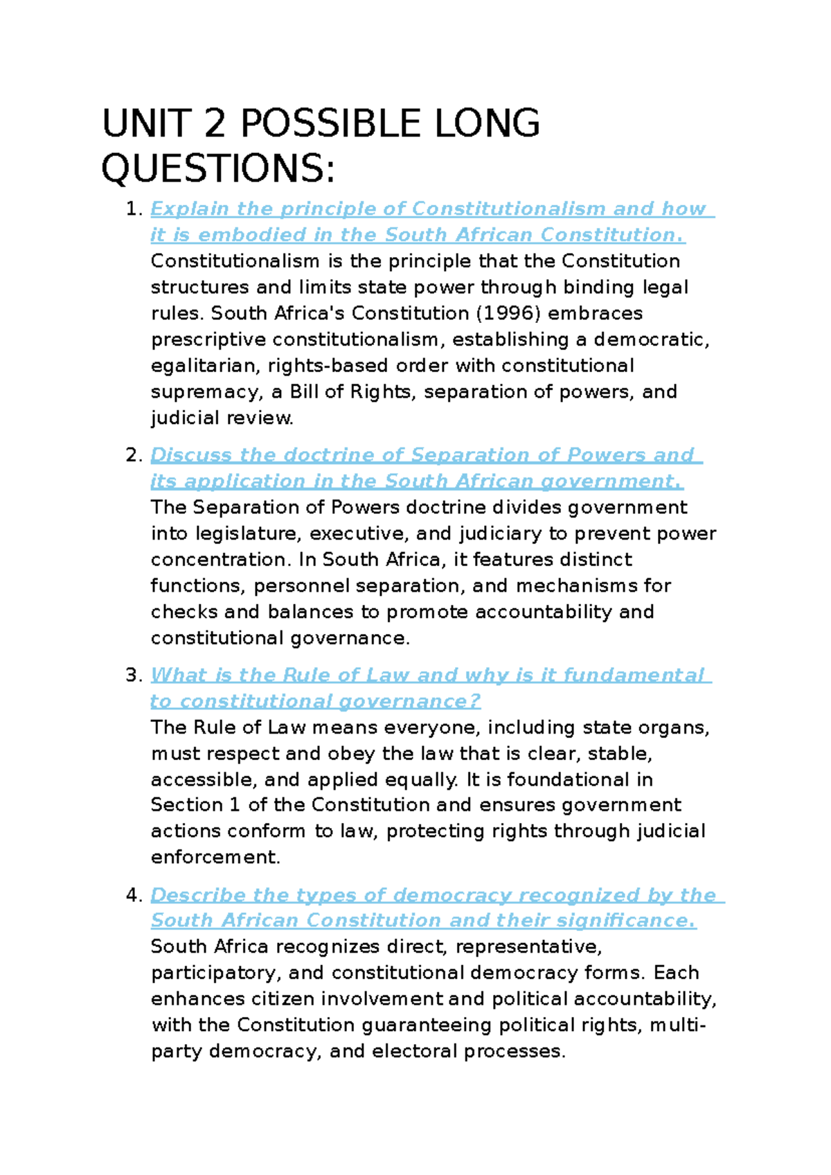 UNIT 2: LONG QUESTIONS ON CONSTITUTIONALISM IN SA - Studocu