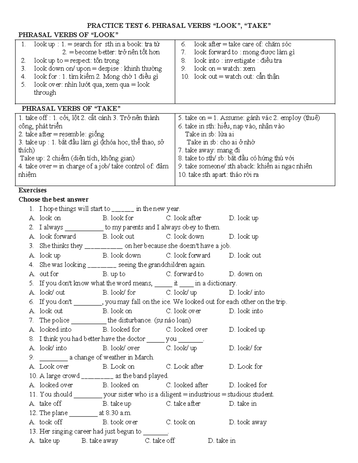 Phrasal Verbs Practice: LOOK & TAKE (Test 6) - ESL Study Guide - Studocu