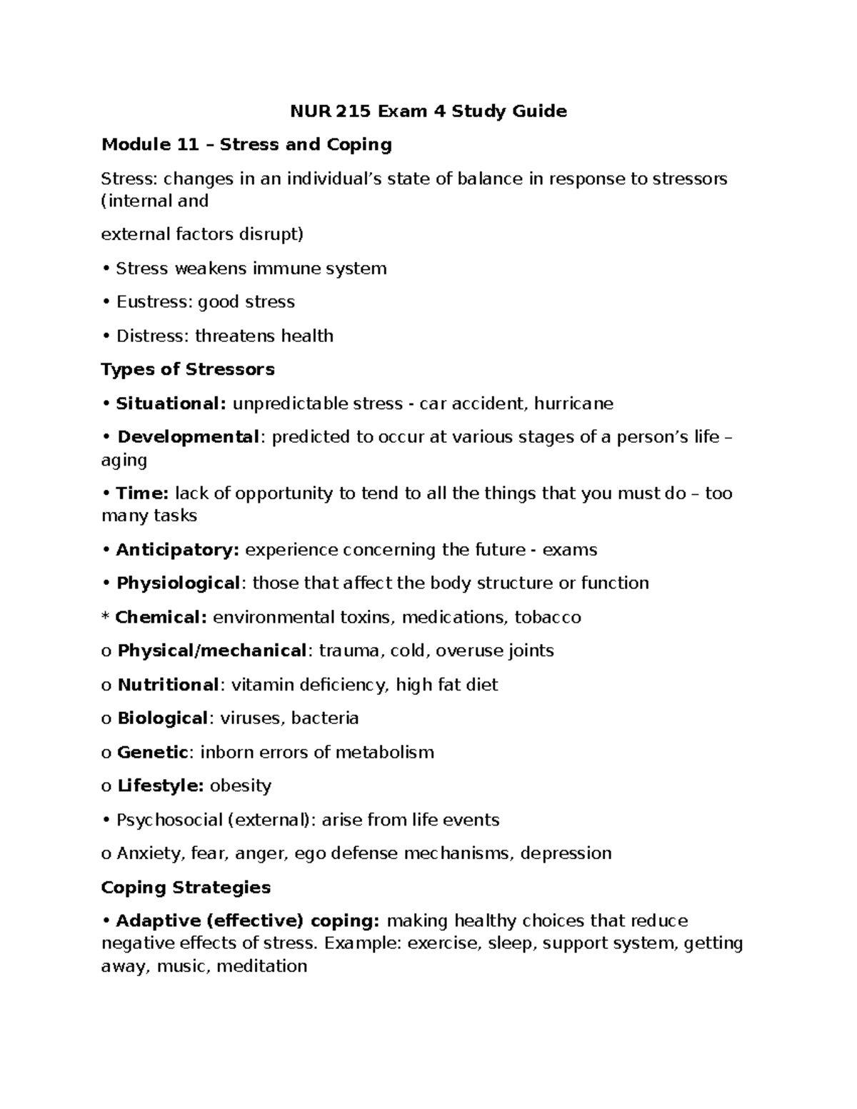 NUR 215 Final Exam Study Guide: Stress, Coping, and Elimination - Studocu