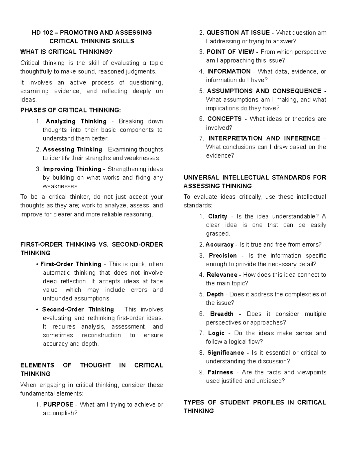 HD 102 Critical Thinking Skills: Summary of Key Concepts and Phases ...