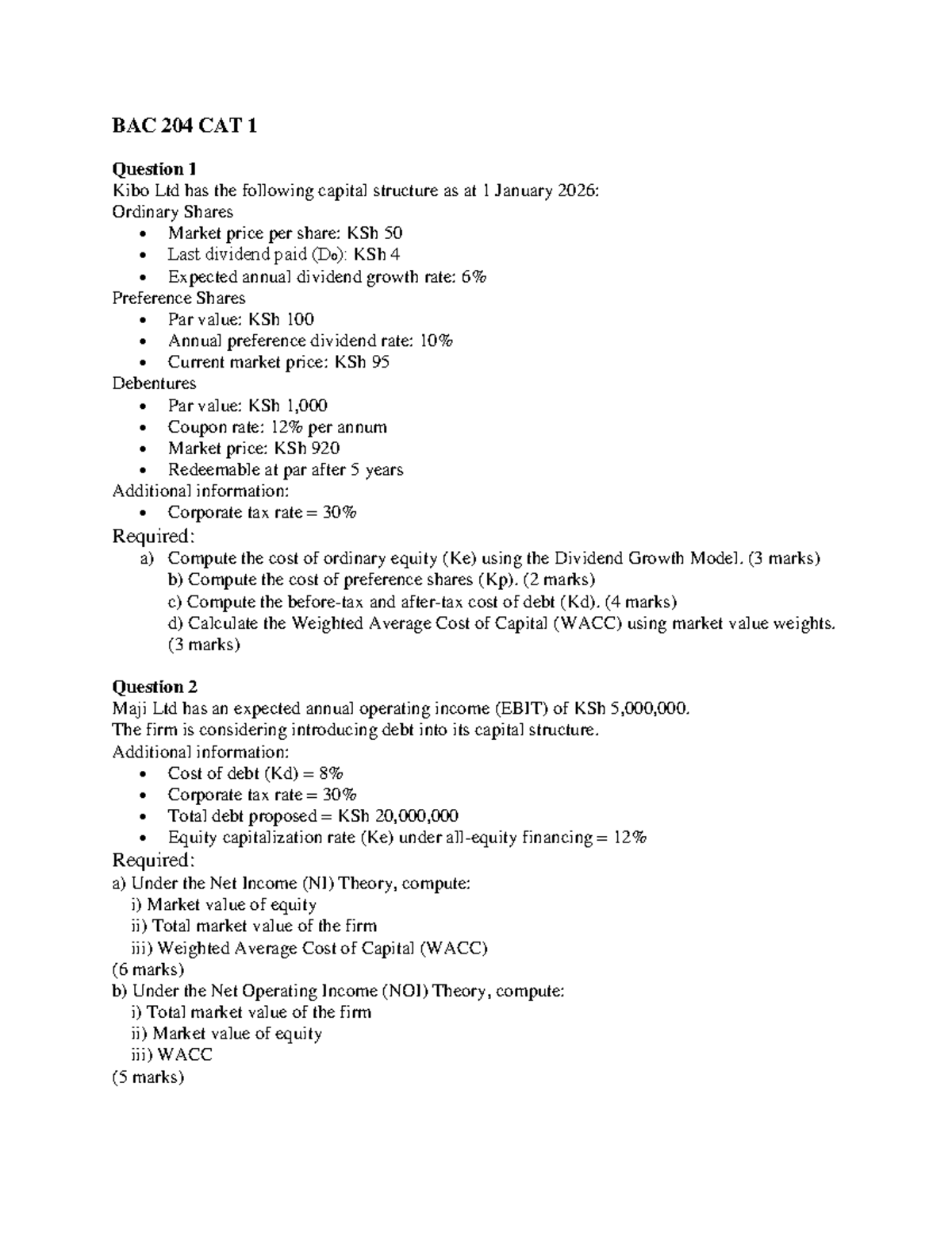 BAC 204 - Lecture Notes on Capital Structure & WACC Calculations - Studocu