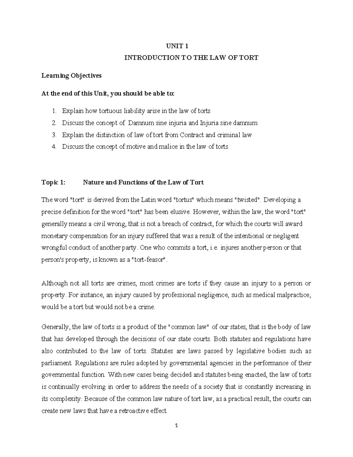 Law of Tort - Unit 1: Introduction to Tort Law Concepts and Principles ...